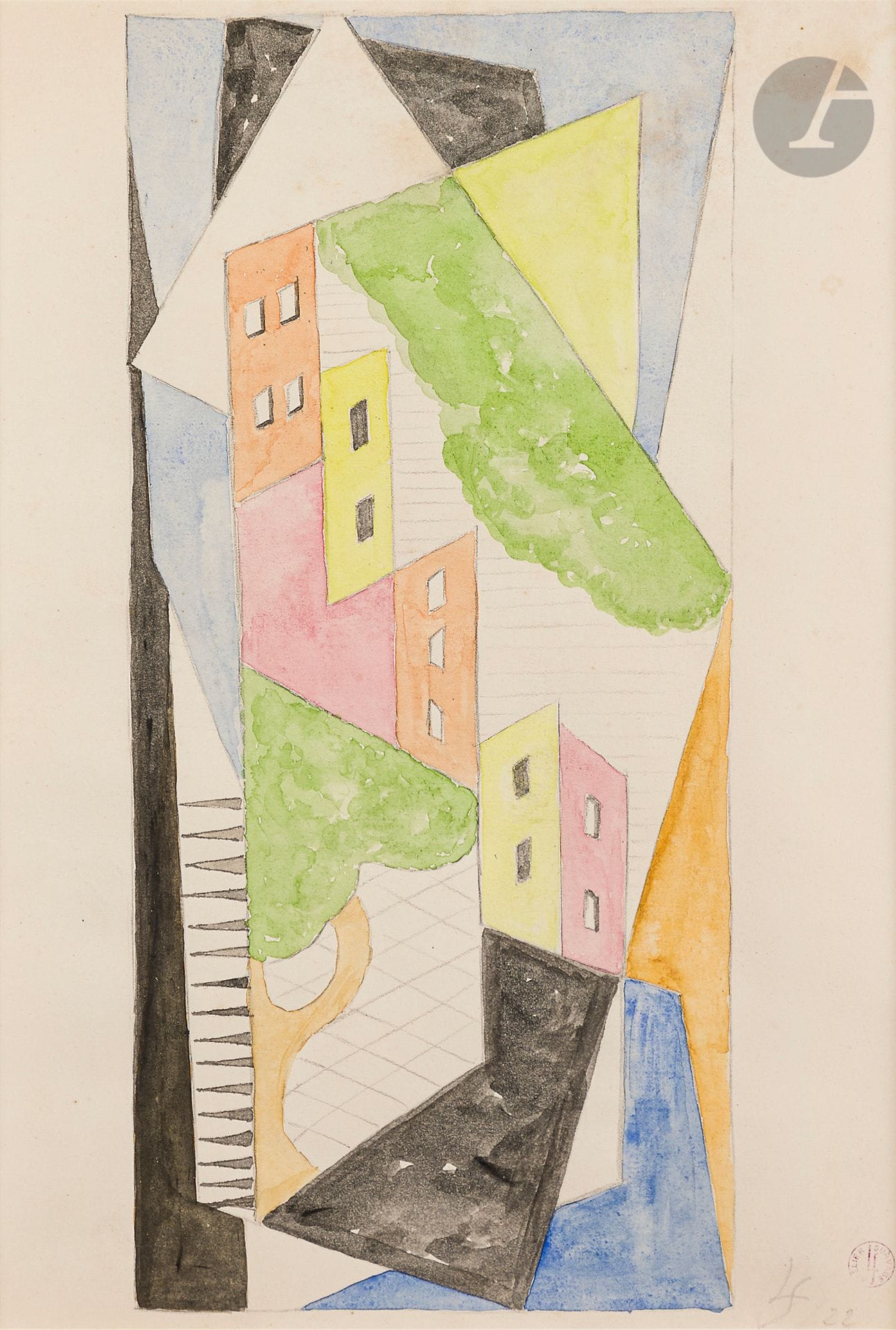 Léopold SURVAGE (1879-1968)
La Ville, 1922
Aquarelle sur traits de crayon.
Monogrammée et datée en bas à droite.
Timbre de l’atelier en bas à droite.
(Petites taches).
29,5 x 20,5 cm