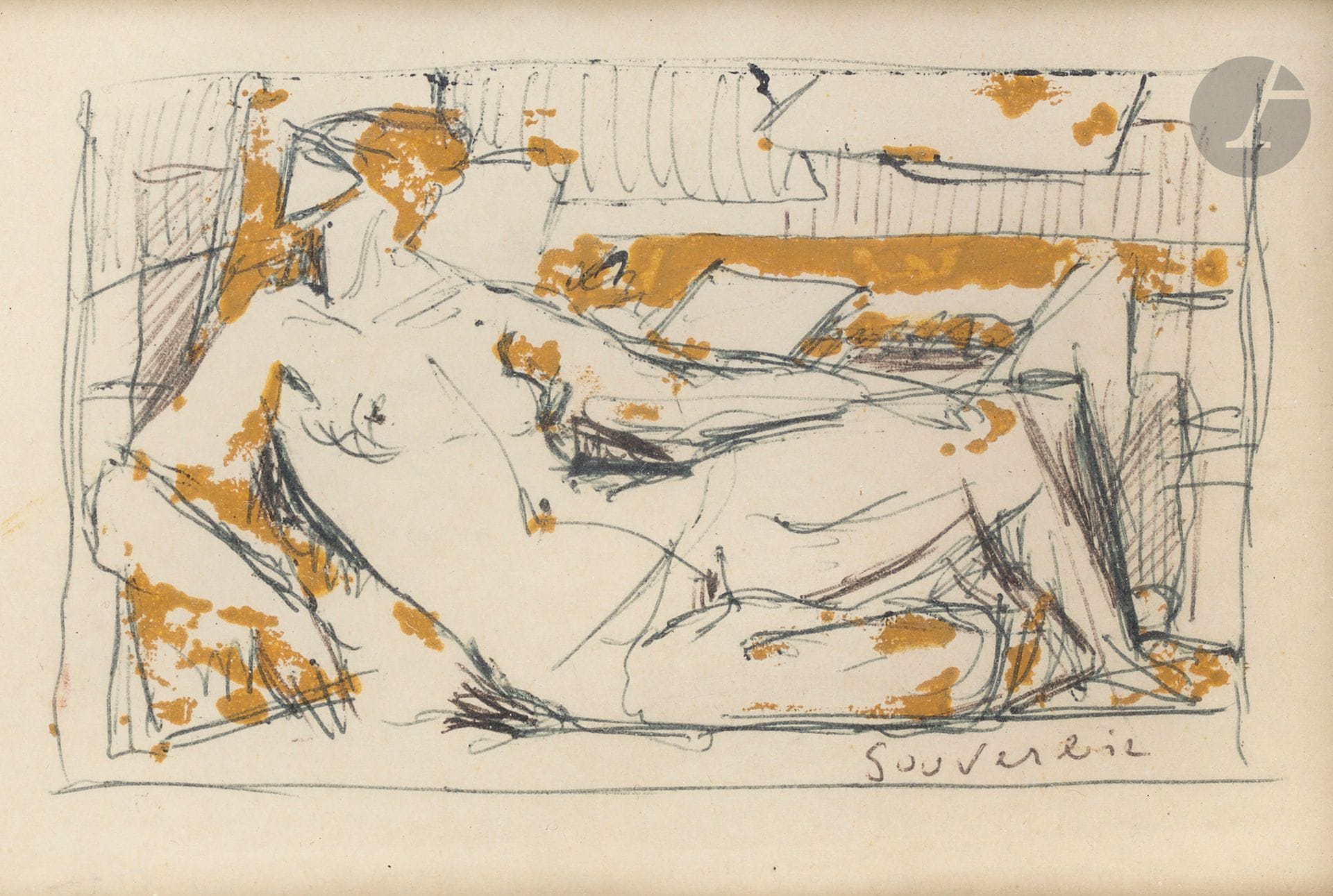Jean SOUVERBIE (1891-1981)
Étude de nu
Stylo-bille et gouache.
Signé en bas à droite.
9 x 14 cm

Nous remercions Monsieur Frédéric Souverbie d’avoir confirmé l’authenticité de cette œuvre.