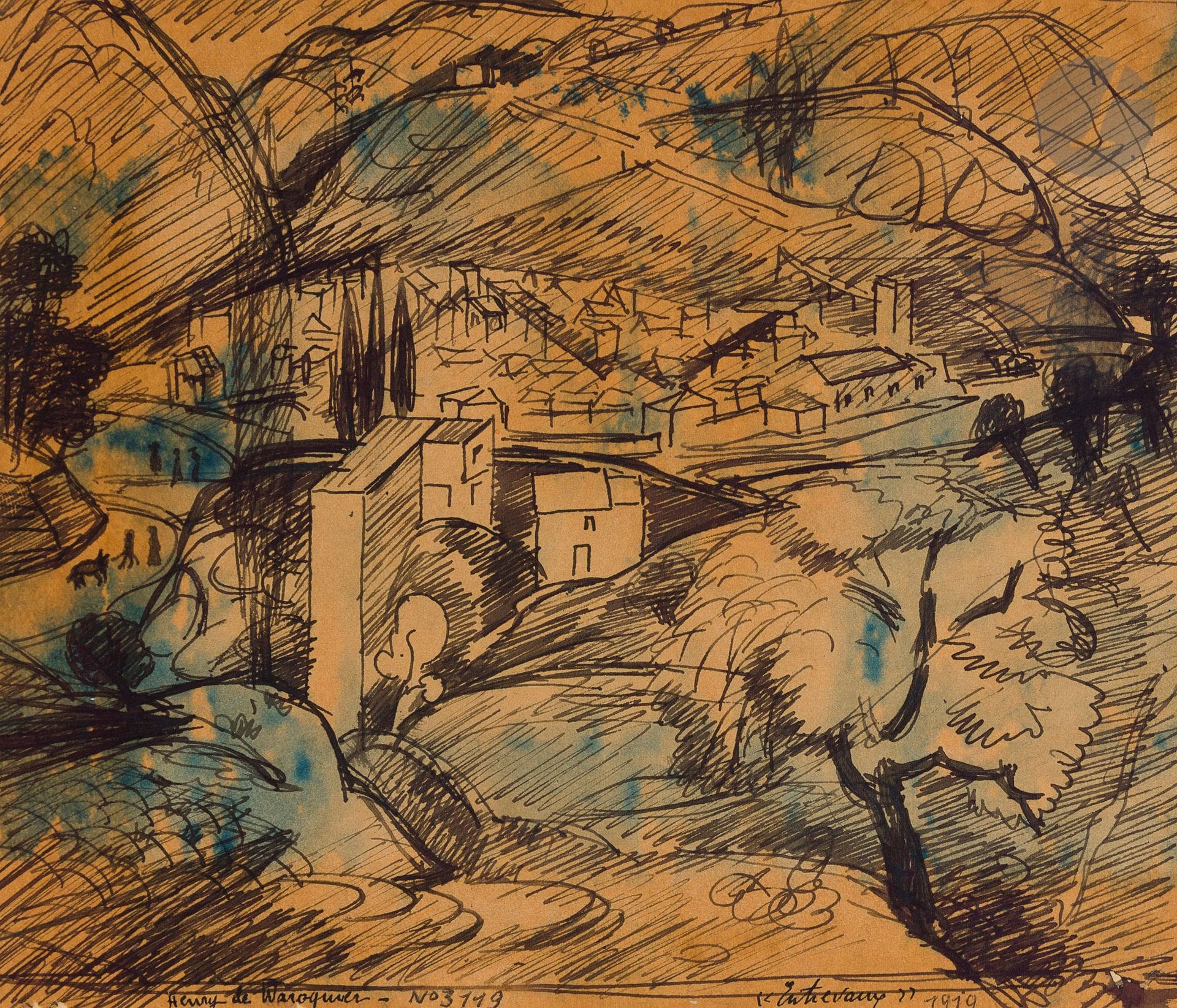 Henry de WAROQUIER (1881-1970)
Paysage d’Entrevaux, 1919
Encre et aquarelle.
Signée, datée, titrée et numérotée.
15 x 18 cm

N° 3119 du catalogue Général d’Henry de Waroquier.

Un certificat de Monsieur Guy de Waroquier sera remis à l’acquéreur.