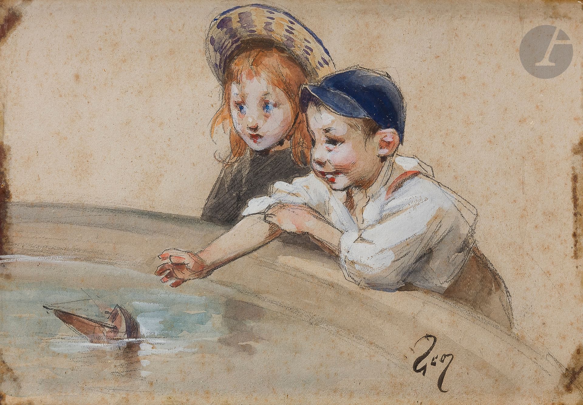 Jean-Jules-Henri Geoffroy dit GEO
(1853-1924)
Enfants jouant à la fontaine
Aquarelle, rehauts de gouache blanche sur traits de crayon noir.
Signée en bas à droite.
(Taches et rousseurs).
15,5 x 23 cm