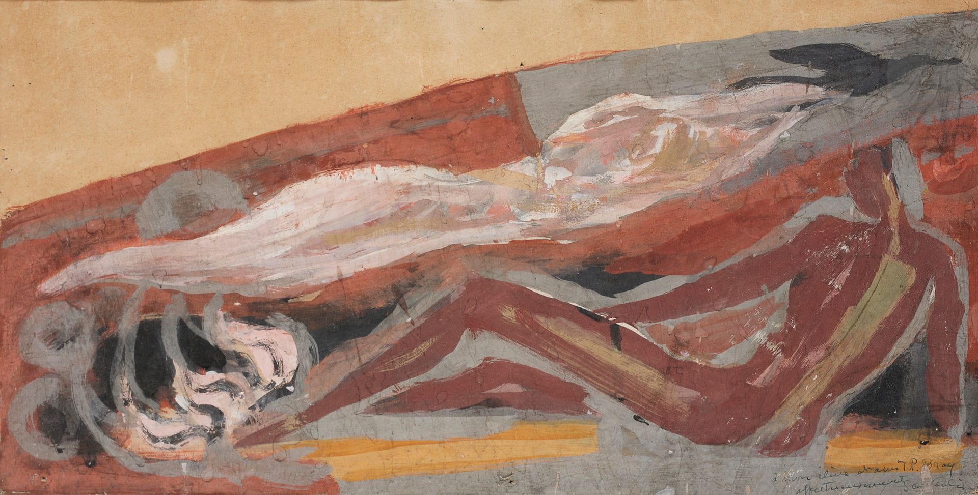 Jean SOUVERBIE (1891-1981
)Le Feu et l'air, 1946Gouache
.
Signed and dedicated lower right: "to my student and friend J. B. Bray/affectionately/Souverbie".
(Folds, paper insolate and small holes).
25 x 49,5 cmProvenance

:
Collection Jean-Paul Bray. By descent.

Exhibition: 
Souverbie 1891-1981, Grenier à sel, Honfleur, July-August 1983, n° 35.
this 

is a study for one of the five panels "La Pensée humaine dominant les éléments" executed "a fresco" at the Palais d'Iéna, in the amphitheatre of the Musée des Travaux Publics

. 



We thank Mr. Frédéric Souverbie for confirming the authenticity of this work.














