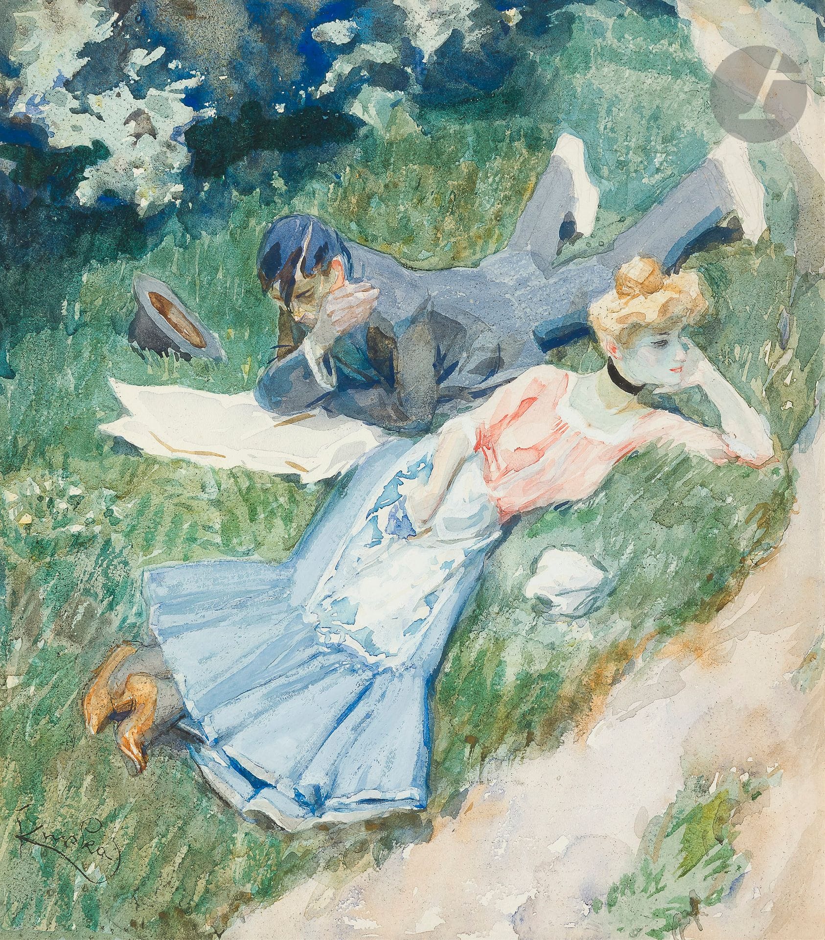 František KUPKA (1871-1957)
Dans le jardin
Aquarelle et rehauts de gouache sur traits de crayon noir.
Signée en bas à gauche.
28 x 26 cm

Provenance :
- Joseph Mrazek, élève et ami de Kupka.
- William Mrazek, son fils, Fredericksburg, Virginie, États-Unis.
- Collection particulière, Virginie, États-Unis. 

Cette aquarelle est l’étude préparatoire au tableau anciennement conservé dans la collection Jindrich Waldes (Prague).

Un certificat de Monsieur Pierre Brullé sera remis à l’acquéreur.