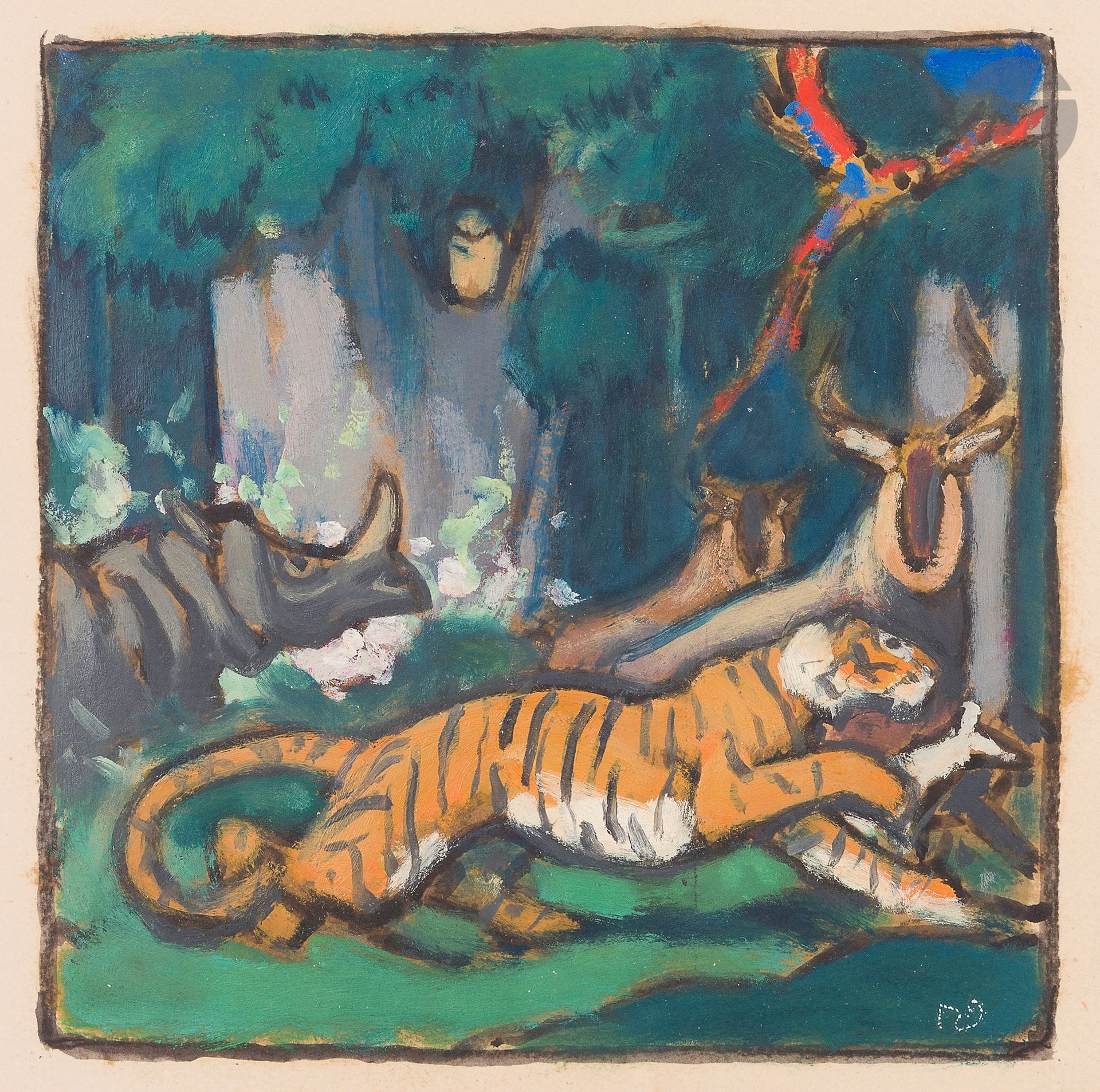 Henri DELUERMOZ (1876-1943
)Tiger and Rhinoceros 
Oil on paper.
Monogrammed lower right.
29,5 x 24,5 cm



