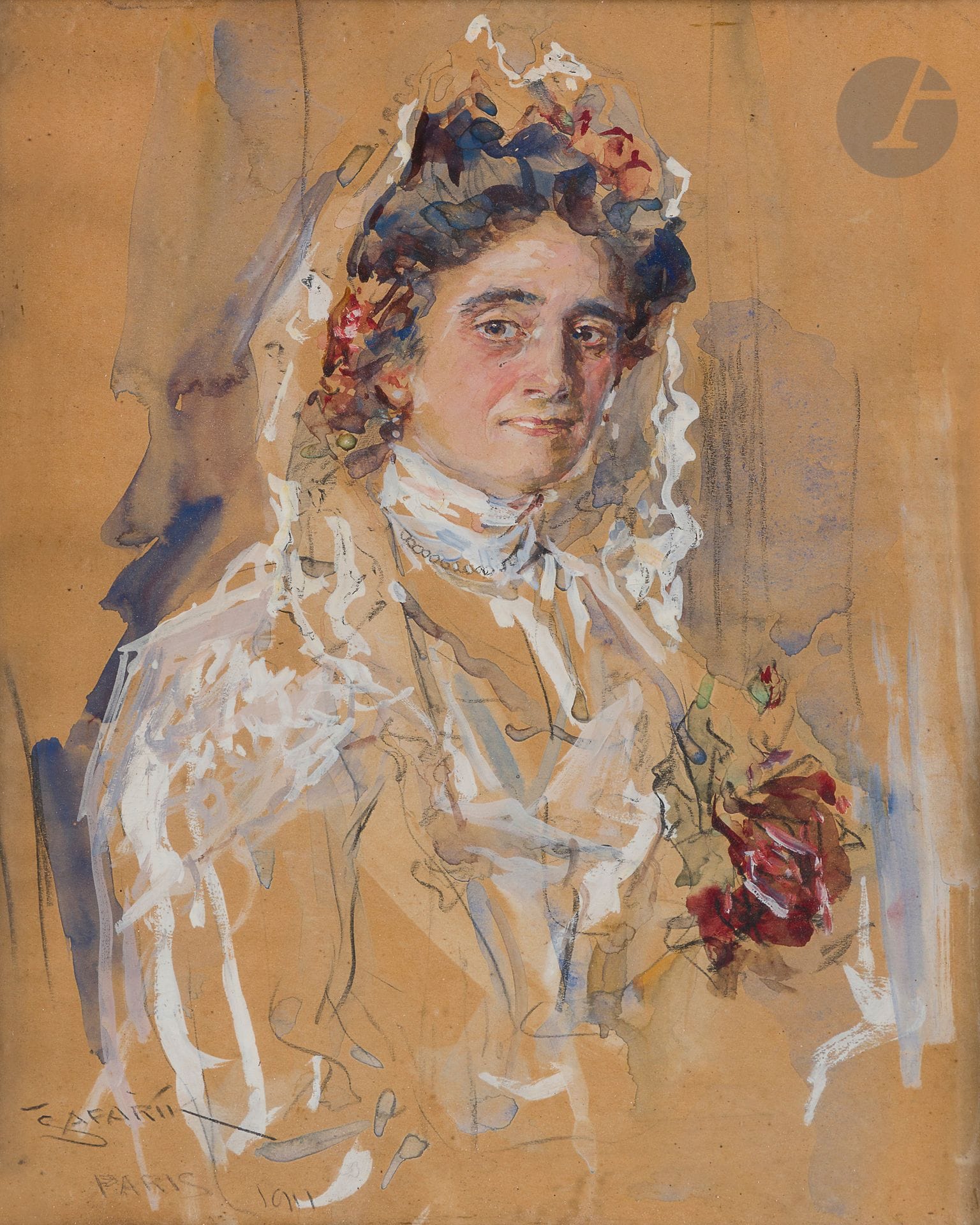 Jan SAFARIK (1886-1915)
Portrait de femme à la mantille et au bouquet de roses, 1911
Aquarelle et rehauts de gouache sur traits de crayon.
Signée, datée et située en bas à gauche.
26 x 21 cm
