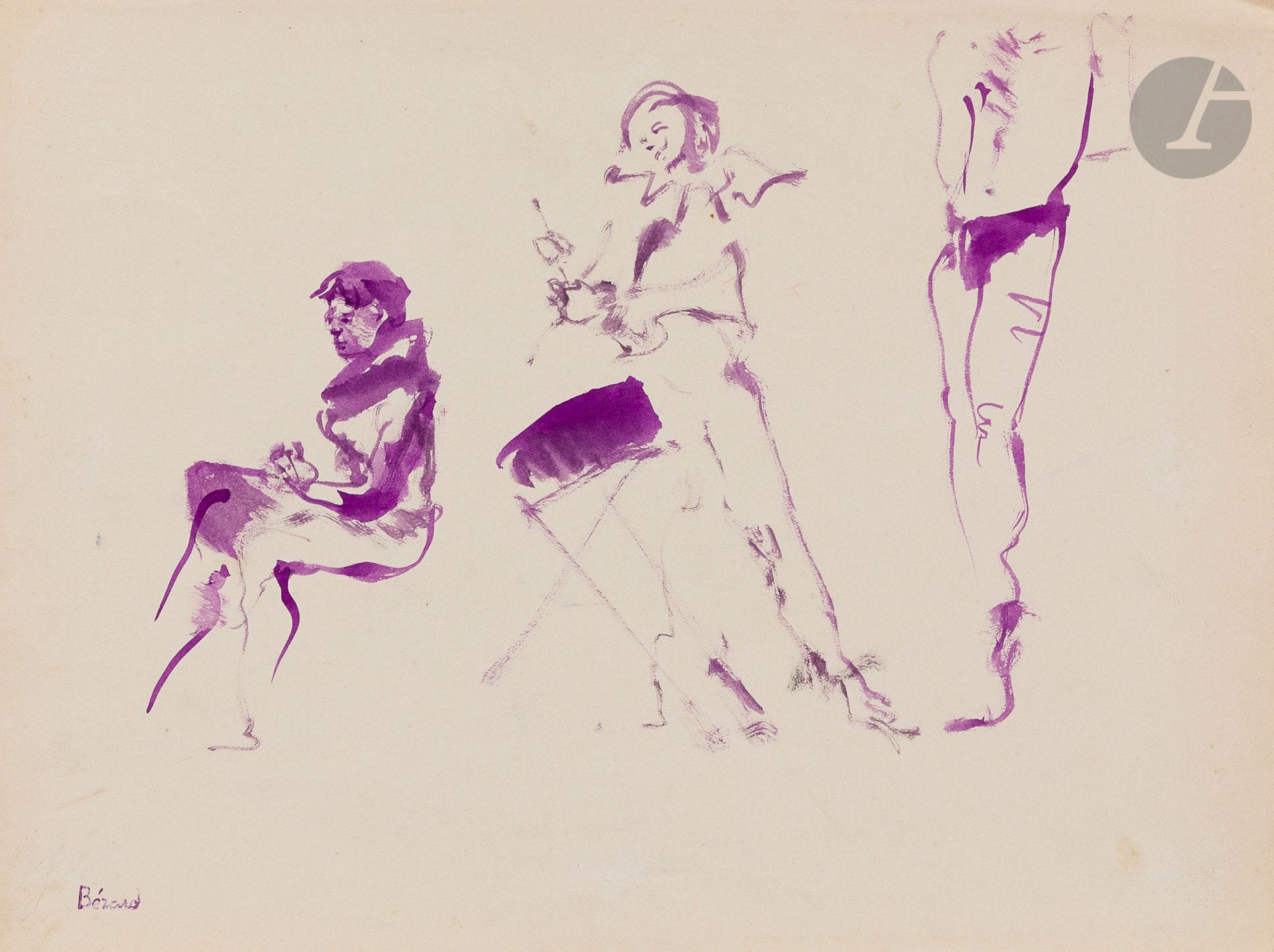 Christian BÉRARD (1902-1949)
La Prière - Les Musiciens
Encre et lavis - Encre violette.
Timbrées.
24,5 x 32 chaque

Provenance :
Galerie Lucie Weill, Paris (étiquette au dos de l’un).