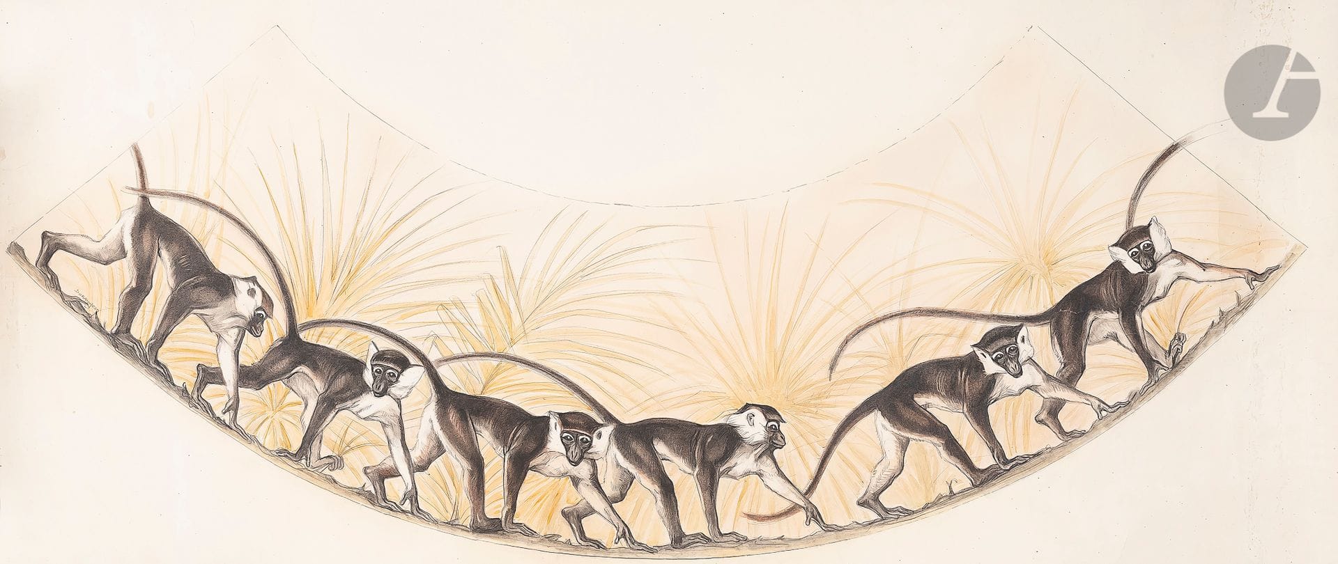 Jean DURAND (1894-1977
)The Monkeys, circa 1938Ink
, charcoal and watercolor.
Signed "Duran-Jean" on the lower left
(Paper lined, stains and missing at three corners).
89 x 200 cm




