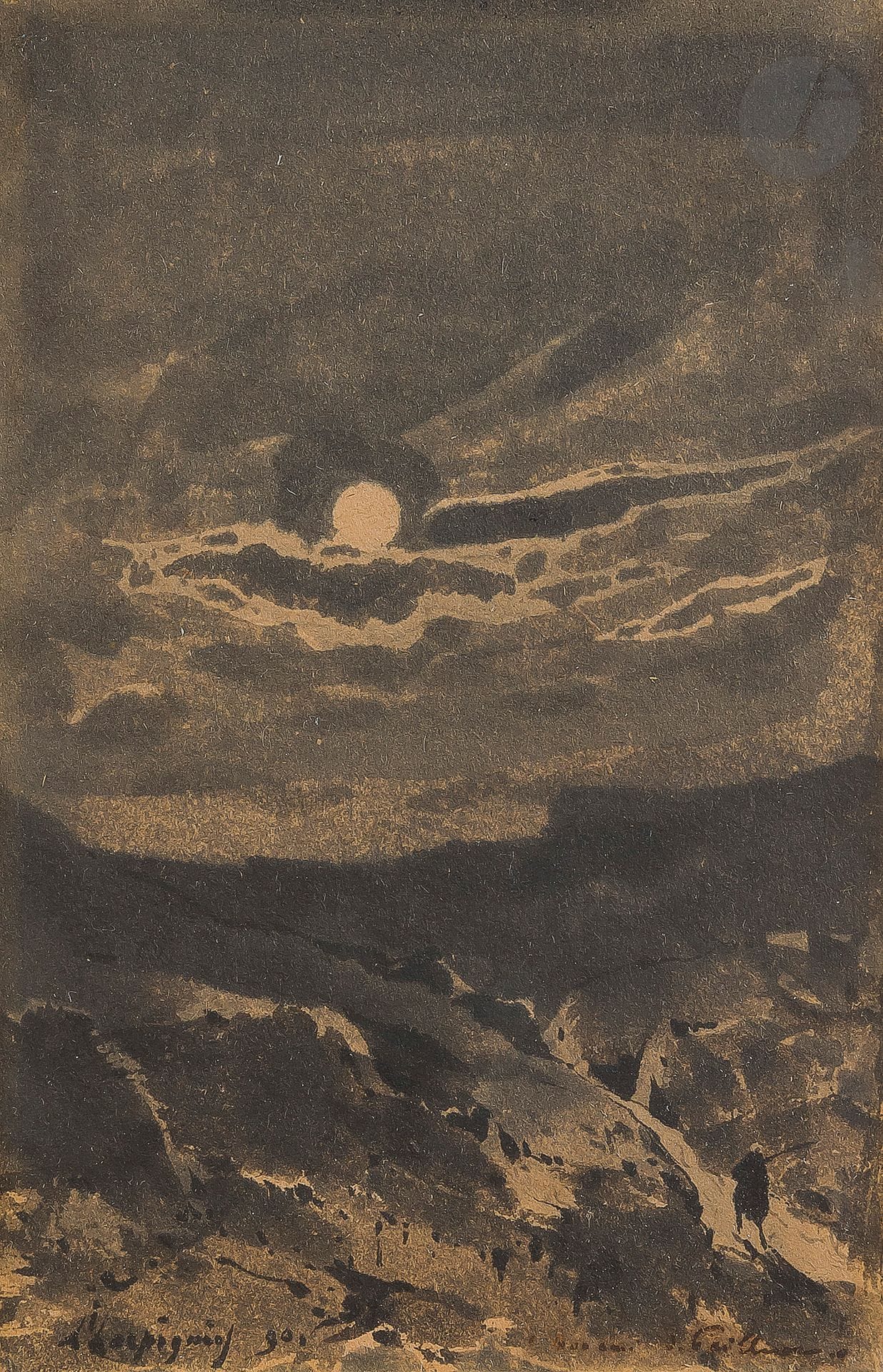 Henri Joseph HARPIGNIES (1819-1916)
Paysage animé au clair de lune, 1890
Encre de Chine et lavis gris.
Signée et datée en bas à gauche.
Dédicacée en bas à droite.
15 x 10 cm

Cette œuvre sera incluse au catalogue raisonné en préparation par Monsieur Jean-Pierre Cappoen.
Nous remercions Monsieur Cappoen pour les informations qu’il nous a transmises.