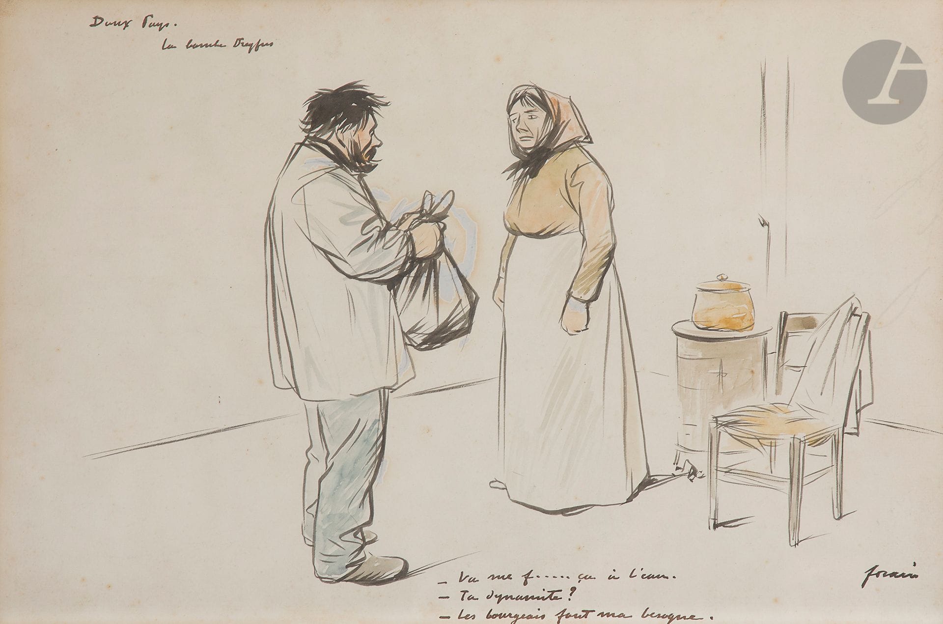 Jean-Louis FORAIN (1852-1931
)Sweet CountryInk
and watercolor on paper.
Signed lower right.
Signed and titled upper left.
25 x 38,5 cm A certificate of inclusion in the catalog raisonné of Jean-Louis Forain will be given to the buyer
.



