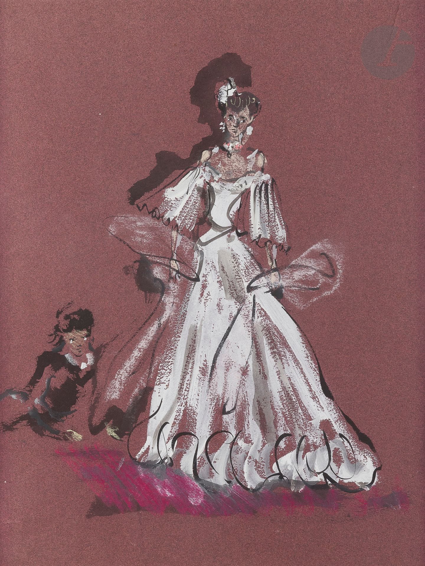 Christian BÉRARD (1902-1949)
Projet de costume pour Mozartiana de Tchaïkovski
Encre et gouache sur papier lie de vin.
Titrée au dos.
41,5 x 31,5 cm