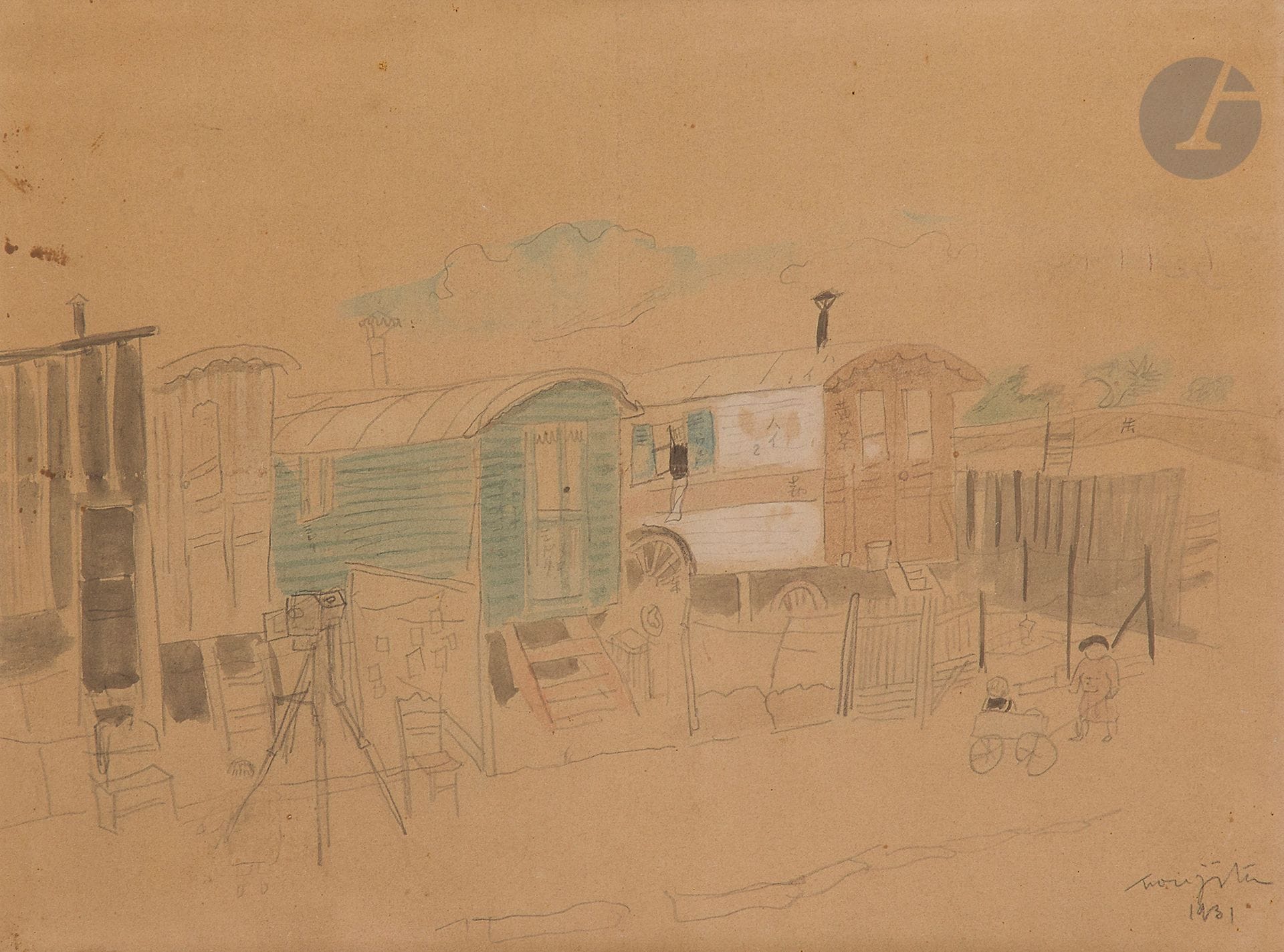 Léonard Tsuguharu FOUJITA (1886-1968)
Roulottes, 1931
Aquarelle et crayon.
Signée et datée en bas à droite.
(Papier jauni, taches).
20 x 26 cm