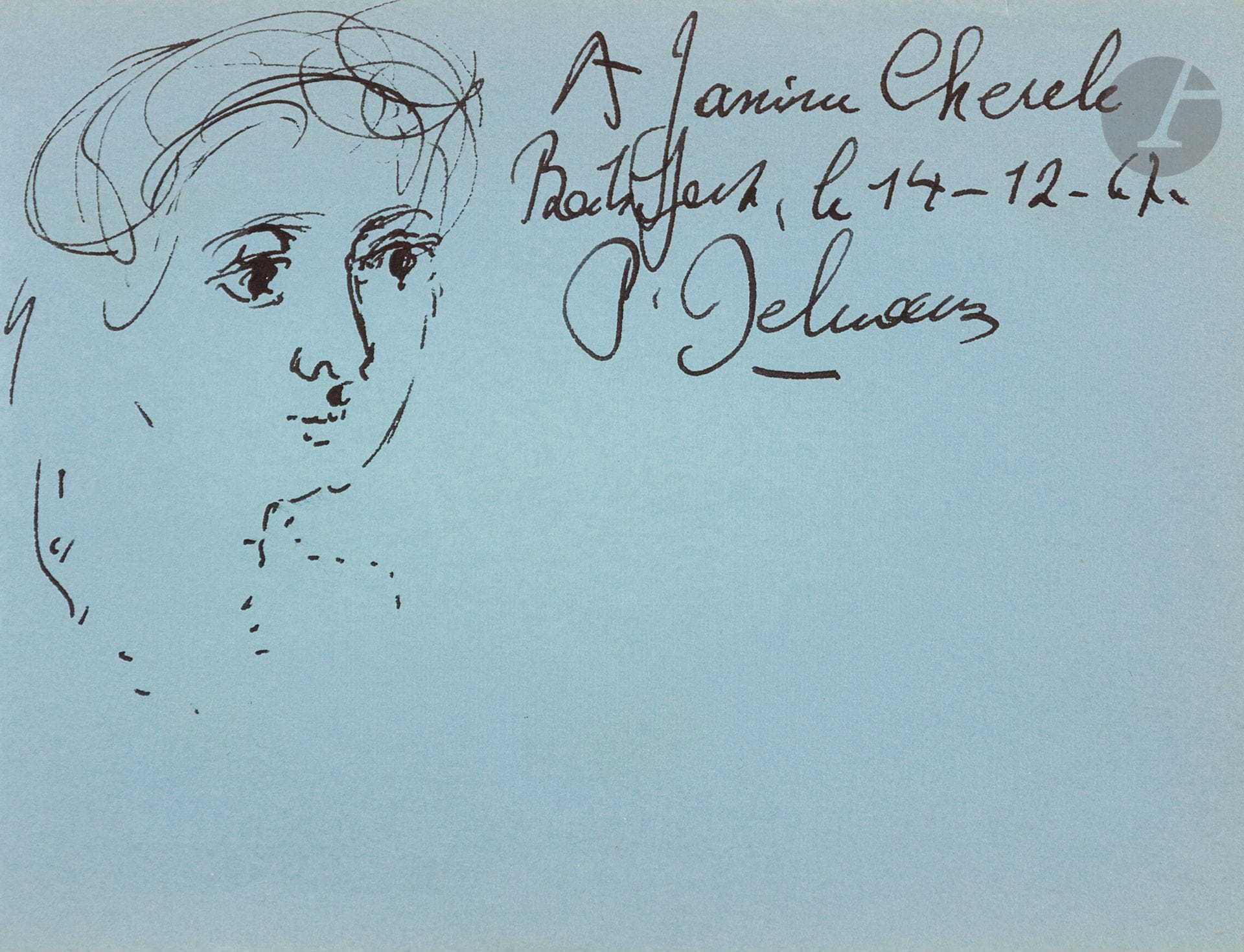 Paul DELVAUX (1897-1994)
Portrait de femme
Encre sur papier bleu.
Signée, datée et dédicacée en haut à droite.
11 x 14,5 cm

Provenance :
Jeanine Chérel, Bruxelles.