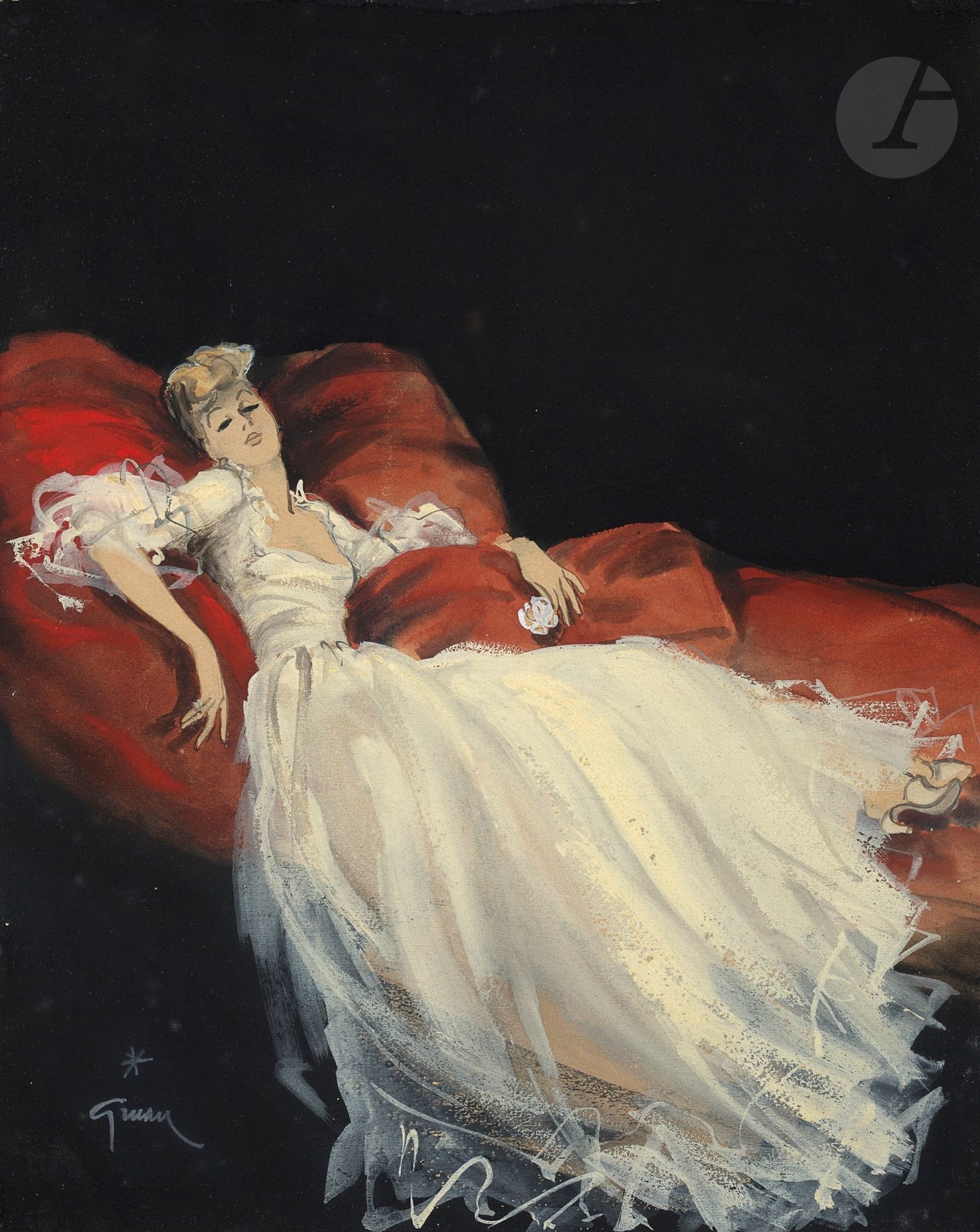 René GRUAU (1909-2004)
Femme au divan à la robe blanche, vers 1950
Gouache.
Signée en bas à gauche.
29 x 23 cm