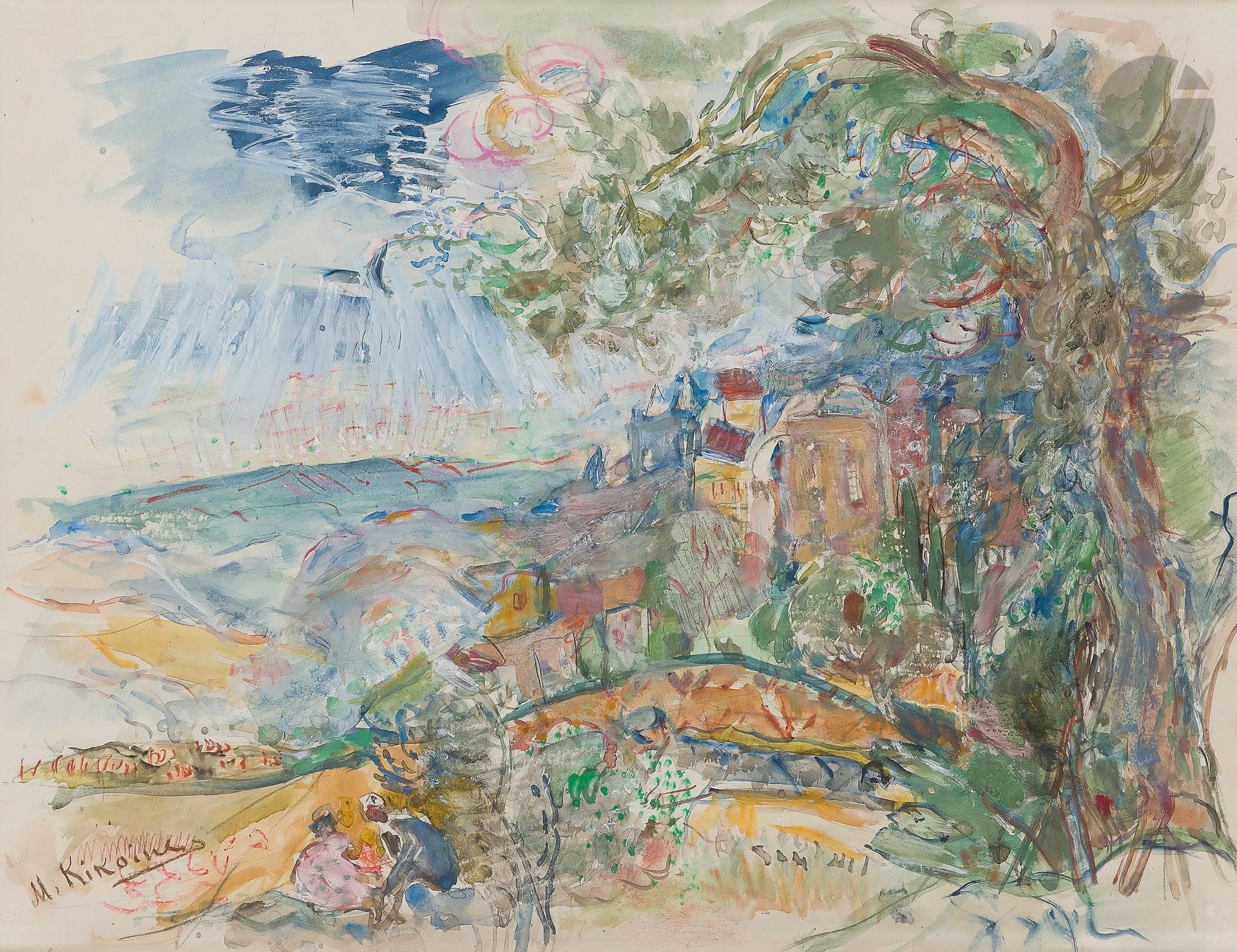 Michel KIKOÏNE (1892-1968)
Le Village
Aquarelle et gouache sur traits de crayon gras.
Signée en bas à gauche.
49 x 62 cm