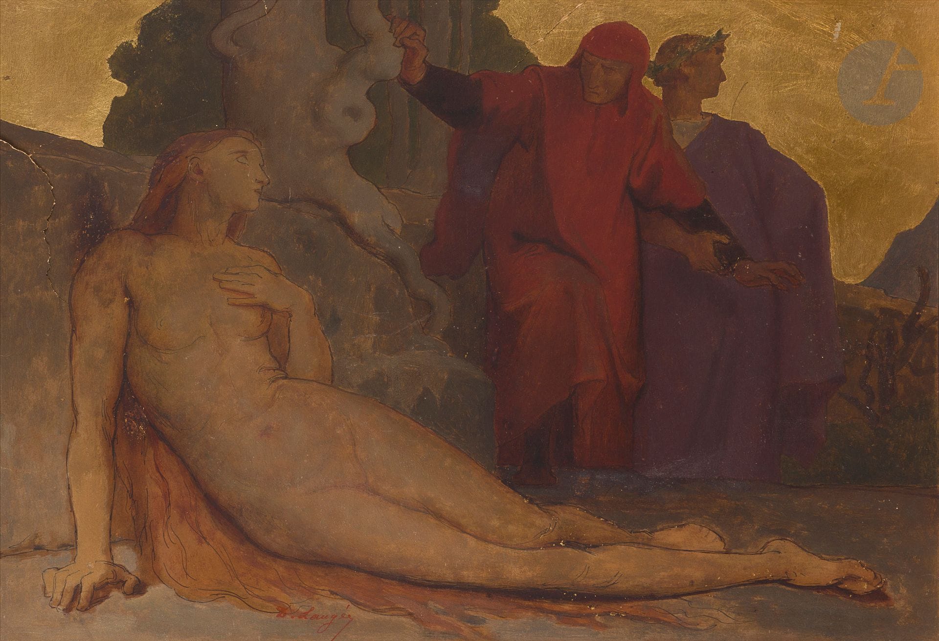 Désiré François LAUGÉE
(Maromme 1823 - Paris 1896)
Study for La Pia dei Tolomei, Episode of Dante, 1869Oil
and gouache on cardboard on both sides.
Signed (
tears).
29 x 39 cm These
 
are studies for La Pia dei Tolomei in the Musée des Beaux-Arts de Rouen (inv. D 869.1)

.





