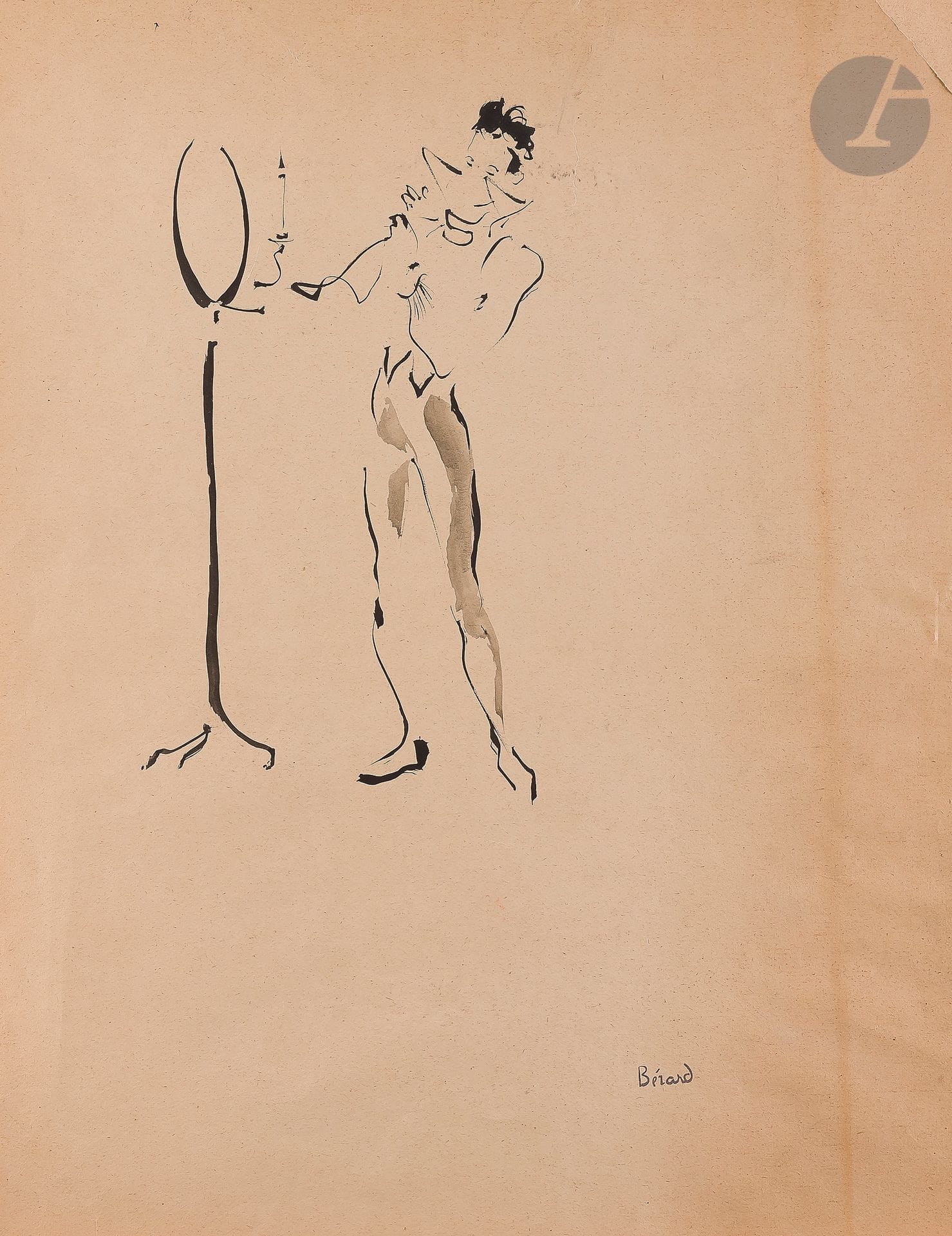 Christian BÉRARD (1902-1949)
Femme en robe - Homme au miroir
Encre et crayon gras double face.
Timbré en pied.
(Manque dans un angle, pli, déchirures en marges)
46 x 56,5 cm