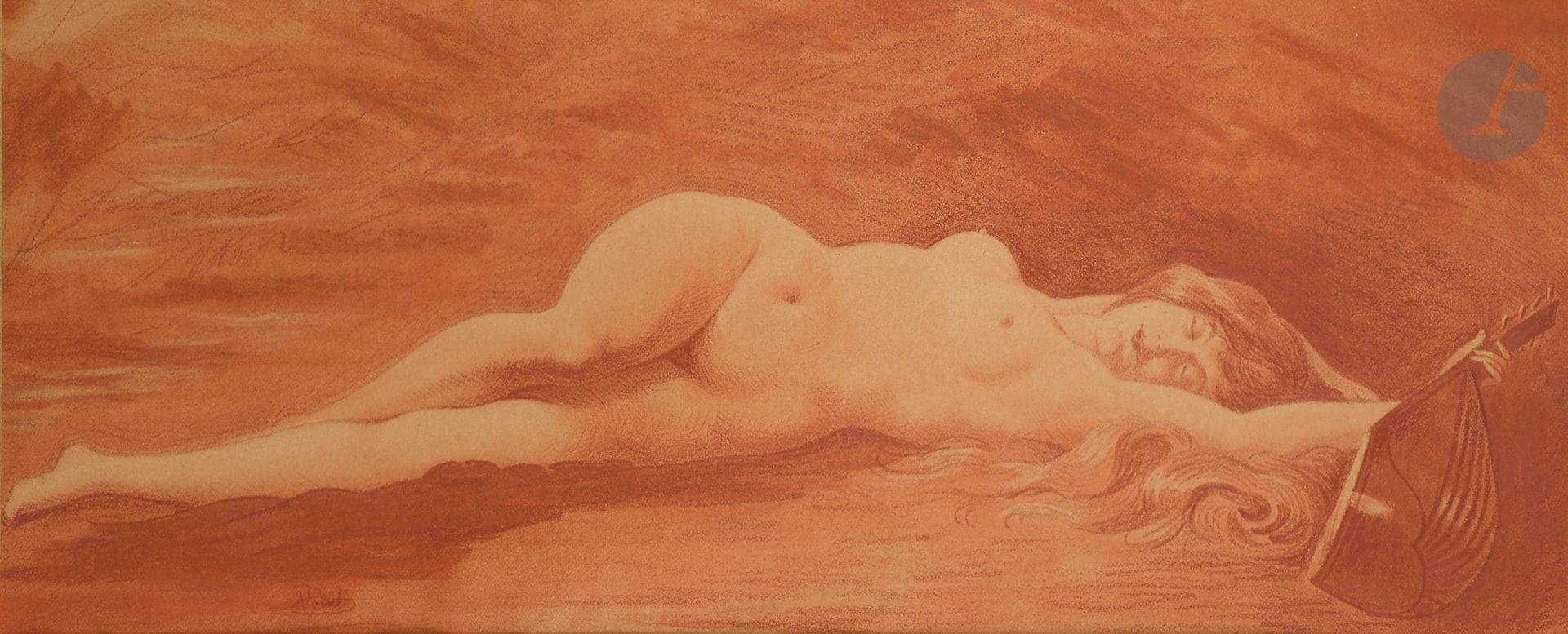 Armand POINT (1861-1932
)Reclining nude woman with a mandolinSanguine
and estompe.
Signed "A. Point" on the lower left corner
(Slightly insolated).
28,9 x 69,5 cm















