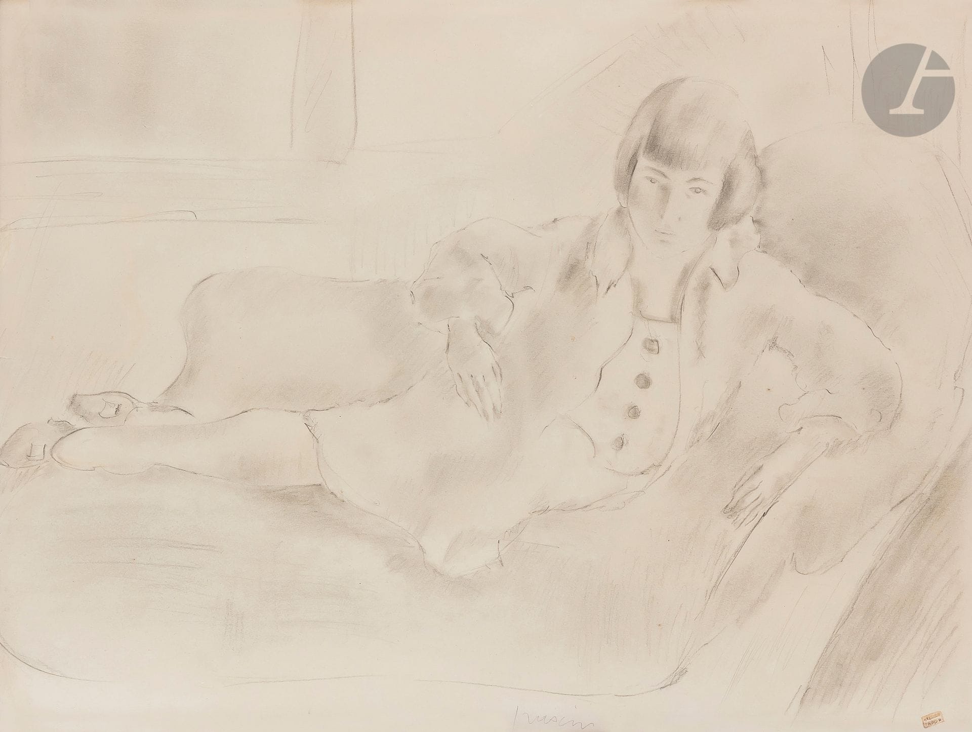 Julius Pincas dit PASCIN (1885-1930)
Femme au divan
Crayon et estompe.
Signé en pied.
Timbre de l’atelier.
47,5 x 61 cm

 Nous remercions Madame Rosemarie Napolitano d’avoir confirmé l’authenticité de cette œuvre.
