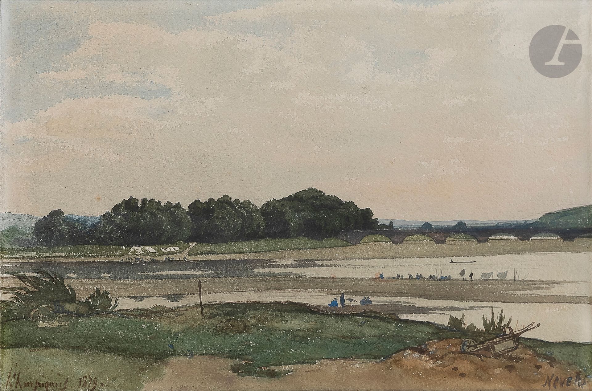 Henri Joseph HARPIGNIES (1819-1916)
Vue animée des rives de la Loire à Nevers, 1879
Aquarelle sur traits de crayon noir.
Signée et datée en bas à gauche et située en bas à droite.
Ancienne étiquette au verso de l’encadrement : « Harpignies/La Loire à Nevers/Vue de la terrasse de ses amis, les Victor Cailloux ».
(Quelques légères épidermures).
23 x 34,3 cm

Cette œuvre sera incluse au catalogue raisonné en préparation par Monsieur Jean-Pierre Cappoen.
Nous remercions Monsieur Cappoen pour les informations qu’il nous a transmises.
