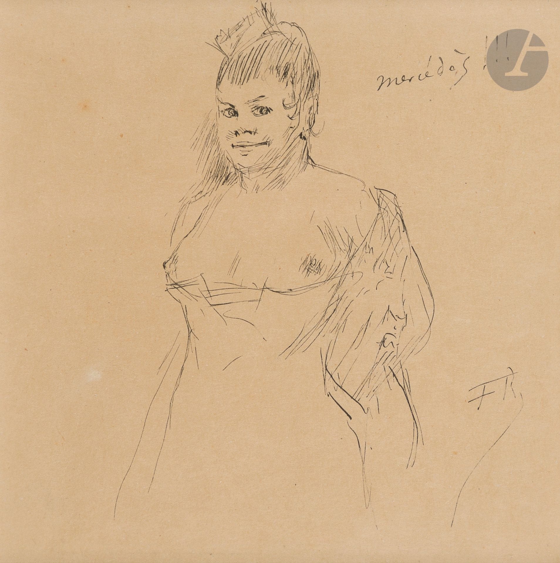 Félicien ROPS (1833-1898
)Portrait of a woman with naked breasts: Mercédès 
Pen and ink.
Monogrammed "FR" in the lower right corner and titled "mercédès!!!" in the upper right corner.
11,7 x 11,7 cm




 







