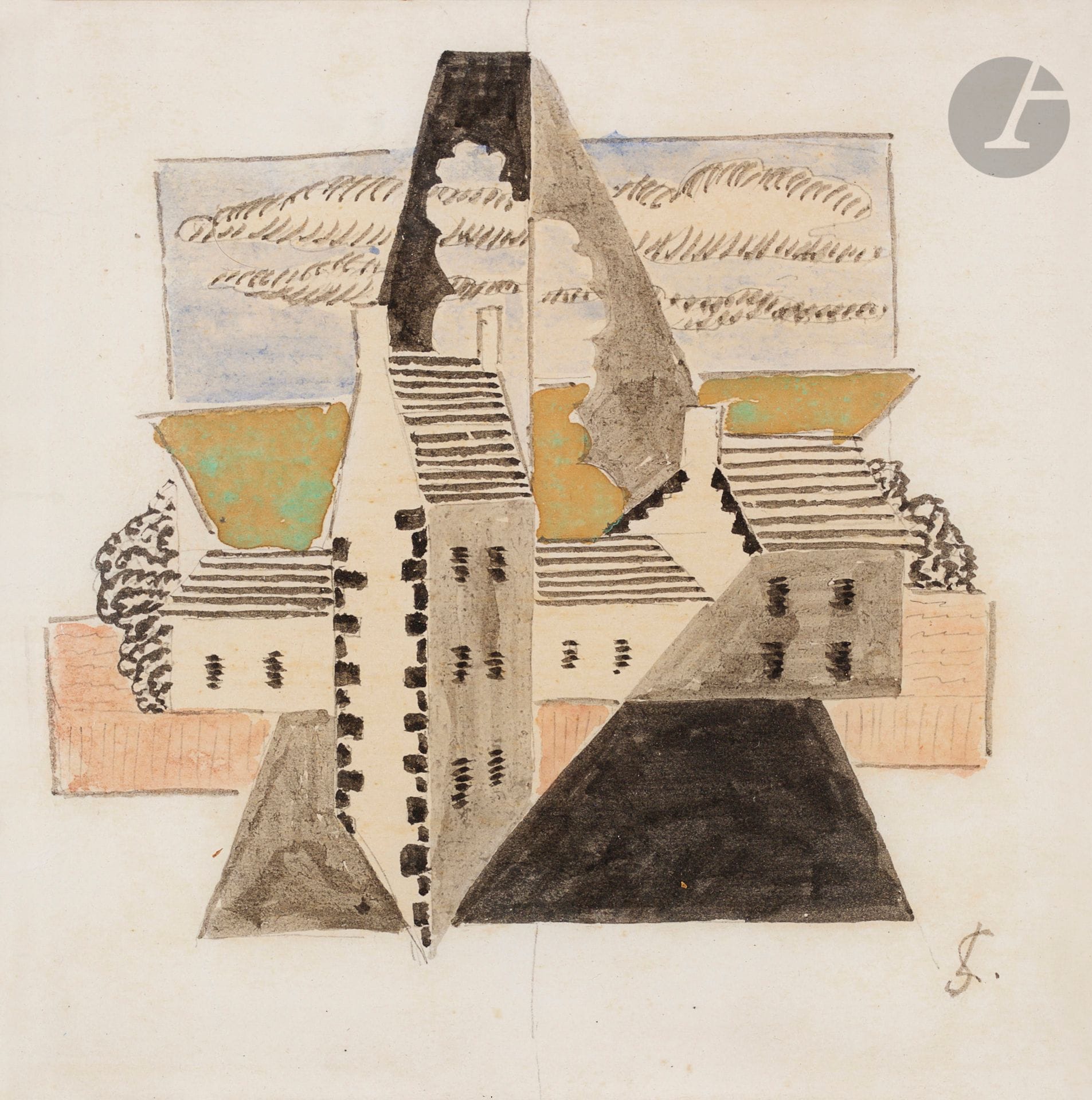 Léopold SURVAGE (1879-1968)
Vue de village
Encre et aquarelle.
Monogrammée en bas à droite.
15,5 x 15,5 cm