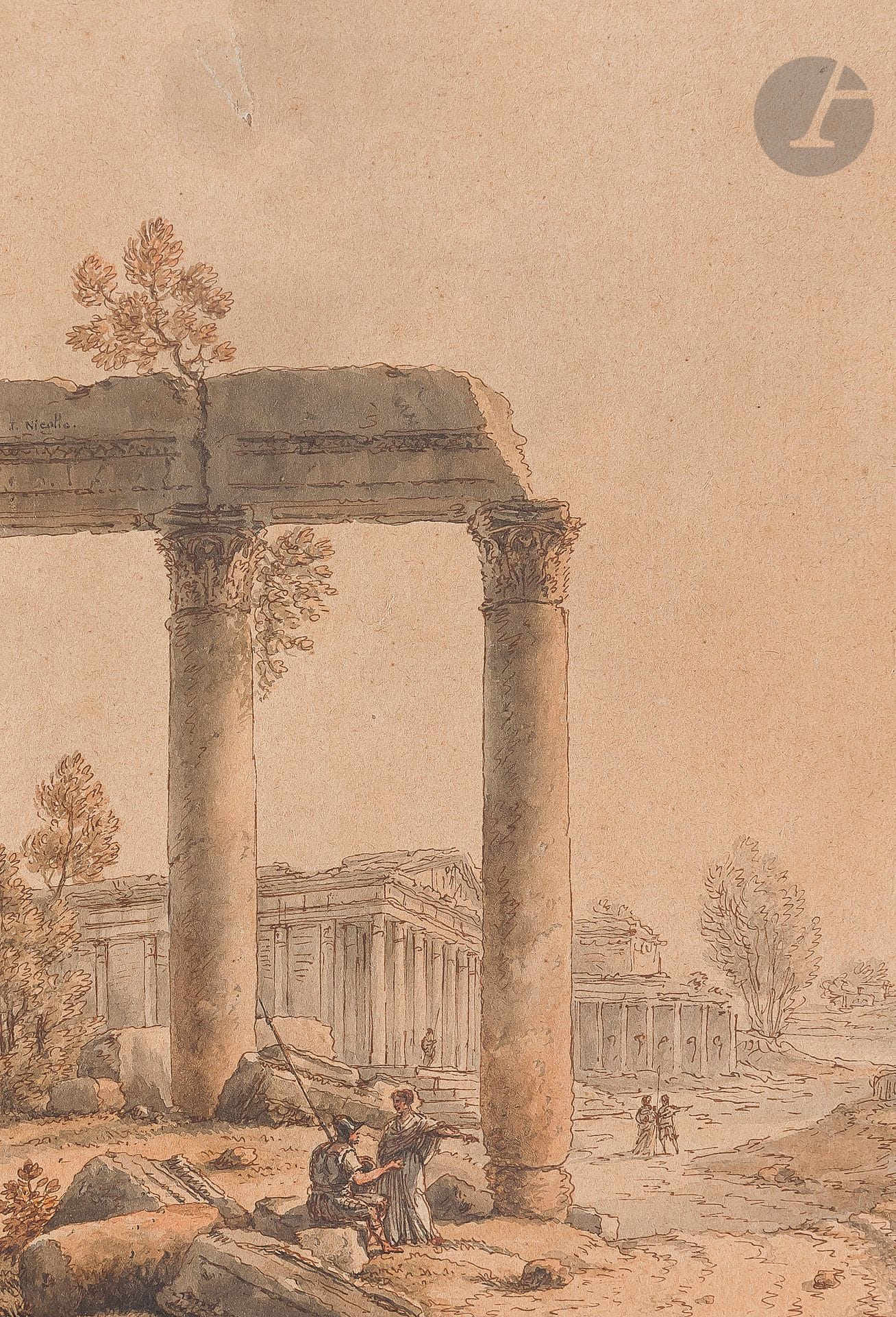 Victor-Jean NICOLLE (Paris 1754 - 1826)
Ruines romaines animées
Aquarelle, plume et encre brune.
Signée en haut à gauche.
(Petite déchirure).
16,5 x 11,5 cm