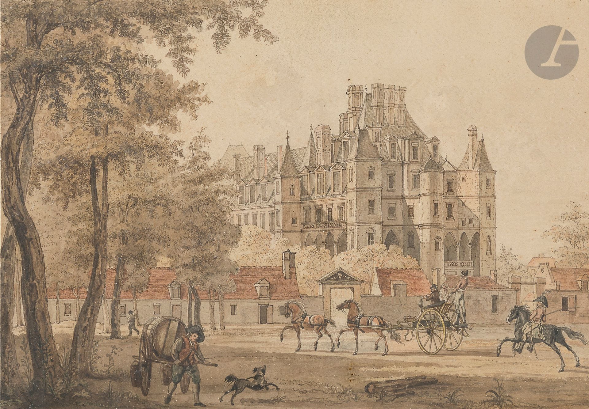 Attributed to Pierre François Léonard FONTAINE (Pontoise 1762 - Paris 1853
)Château de Madrid, NeuillyPen
, brown ink and watercolor.
16 x 23,5 cmProvenance

:
Maurice Fenaille Collection. By descent.





