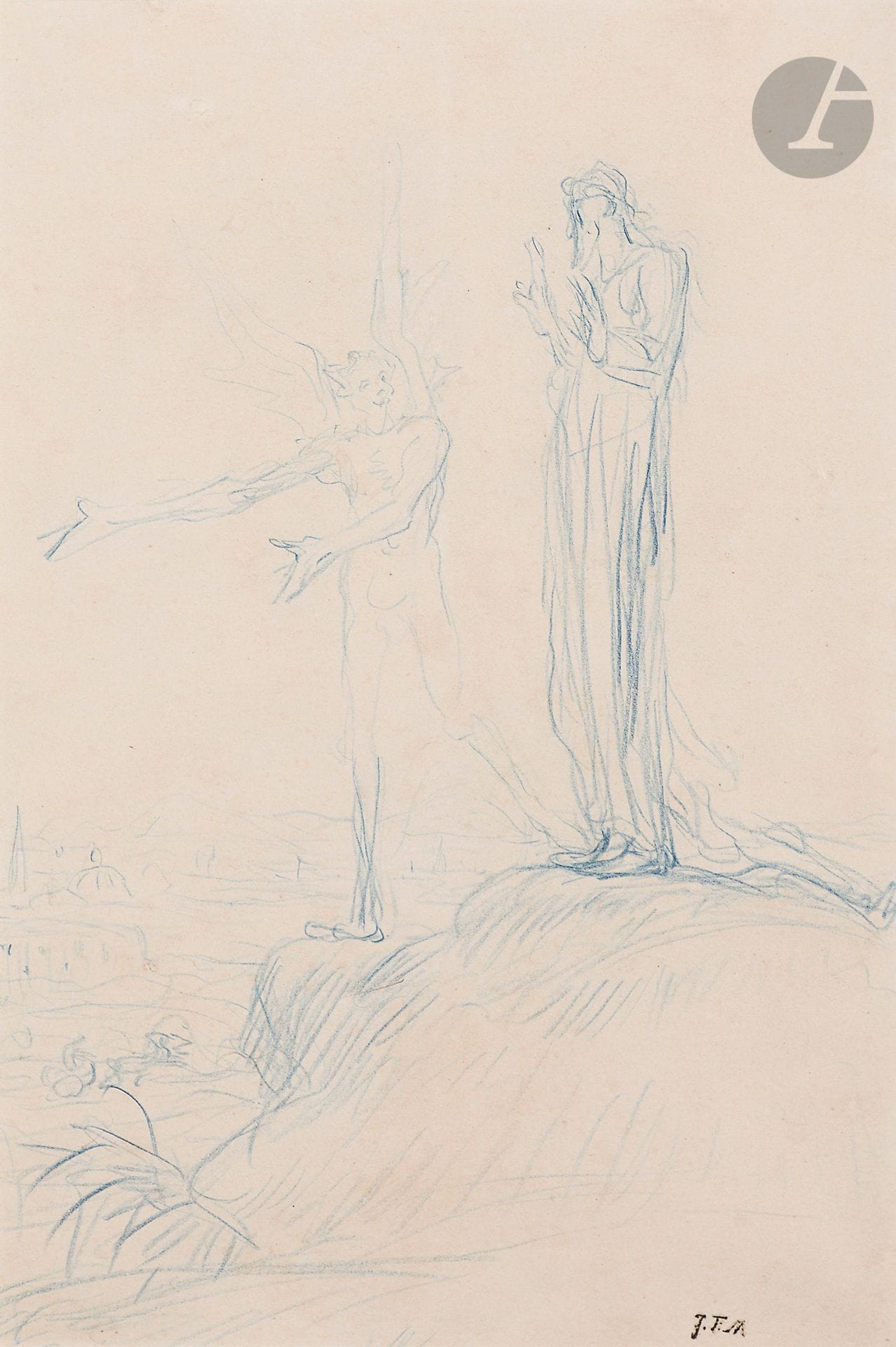 Jean-François MILLET (1814-1875)
La Tentation du Christ au désert
Crayon bleu.
(Petit trou restauré en haut à gauche et petite déchirure sur le bord droit).
Cachet de la vente de l’atelier en bas à droite (Lugt 1460).
30,5 x 19,8 cm