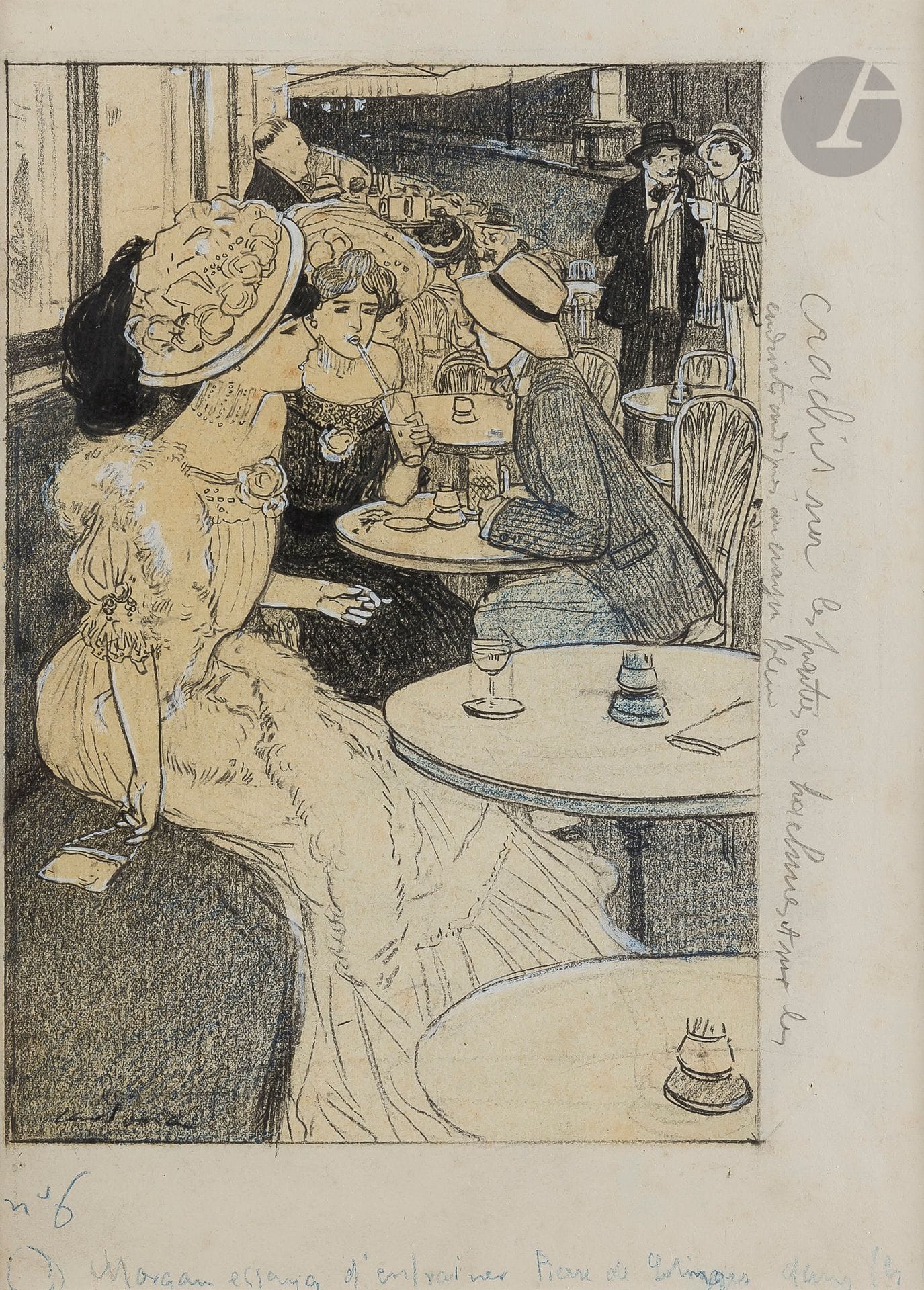 Joan CARDONA LLADOS (1877-1958)
Scène de café parisien
Crayon noir, crayon bleu et rehauts de gouache.
Signé en bas à gauche.
Annoté en marge.
30 x 22 cm

Il s’agit d’une illustration pour un livre de Victorien du Saussay.