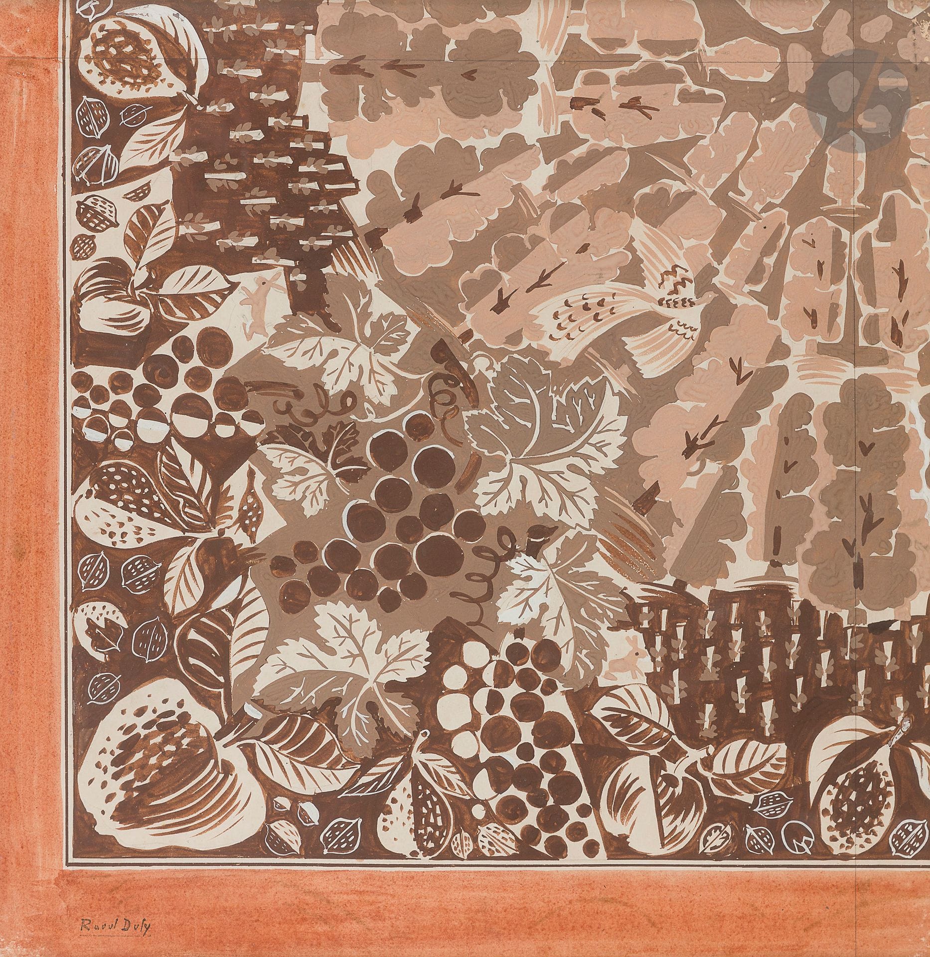 Raoul DUFY (1877-1953)
Feuilles de vigne - projet de tissu
Gouache.
Timbrée en bas à gauche.
43 x 43 cm

Cette œuvre est enregistrée dans les Archives Raoul Dufy de Madame Fanny Guillon-Laffaille.