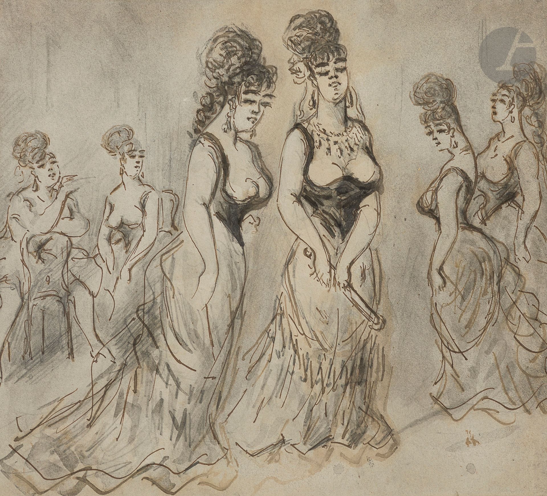 Constantin GUYS 
(Flushing 1802 - Paris 1892)
Women at the brothelPen
, brown ink over black pencil and grey wash. 
20.5 x 22 cm



