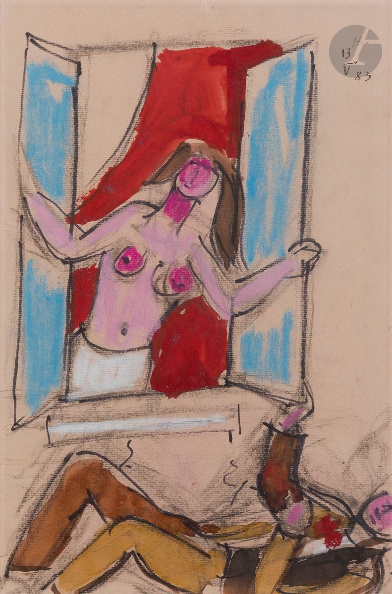 Jean HÉLION (1904-1987
)Woman at the window, 1983Gouache
, charcoal and ink.
Monogrammed and dated upper right.
43,5 x 28,5 cm



