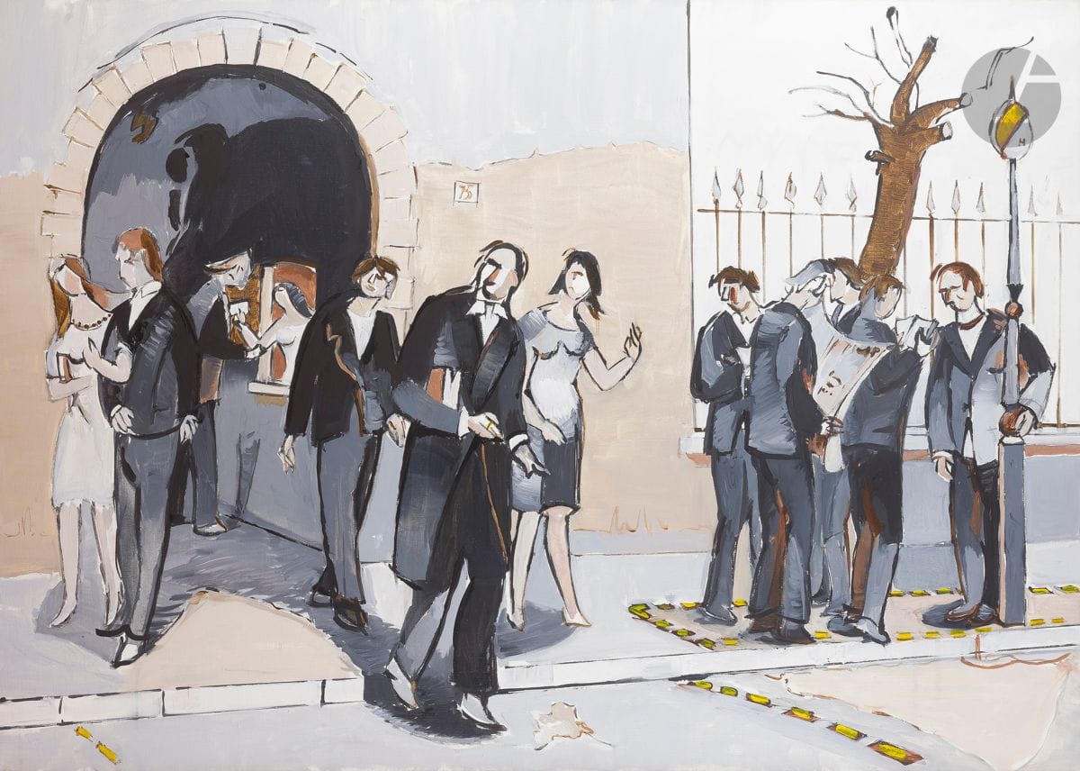 Jean HÉLION (1904-1987)
La Sortie et l’attente, 1975
Acrylique sur toile.
Monogrammée dans la composition.
Signée, datée et titrée au dos.
114 x 162 cm

Un certificat de Madame Jacqueline Hélion, en date du 5 mai 1990, sera remis à l’acquéreur.