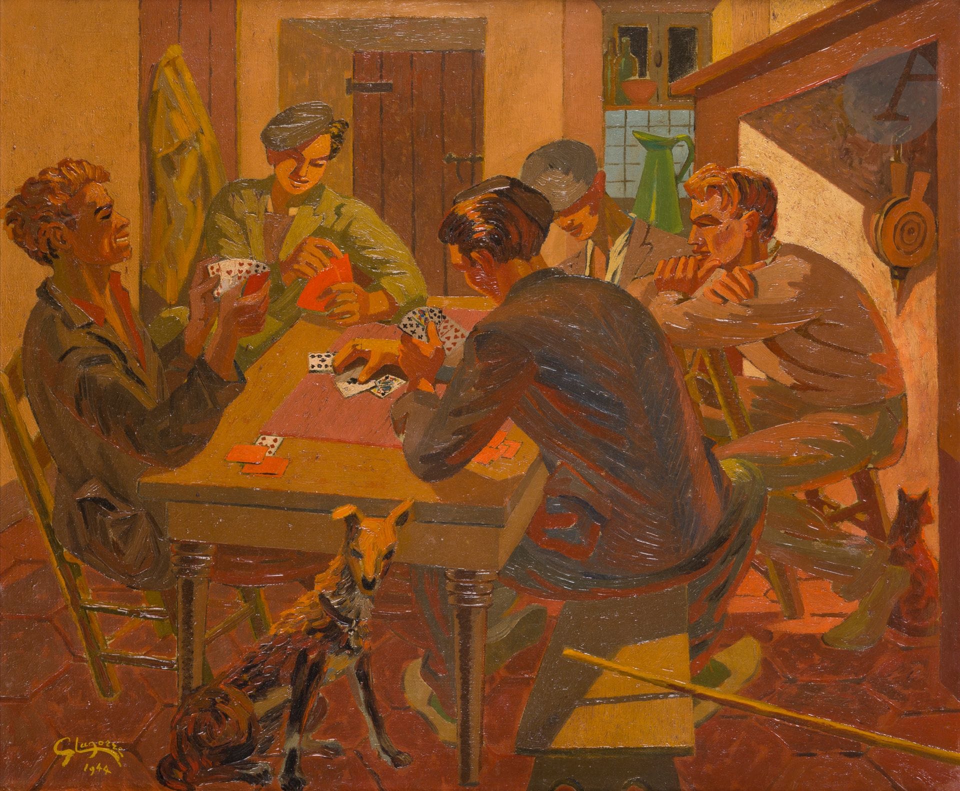 René Gaston LAGORRE (1913-2004)
La Partie de cartes, 1944
Huile sur toile.
Signée et datée en bas à gauche.
Signée et datée au dos sur le châssis.
54 x 65 cm