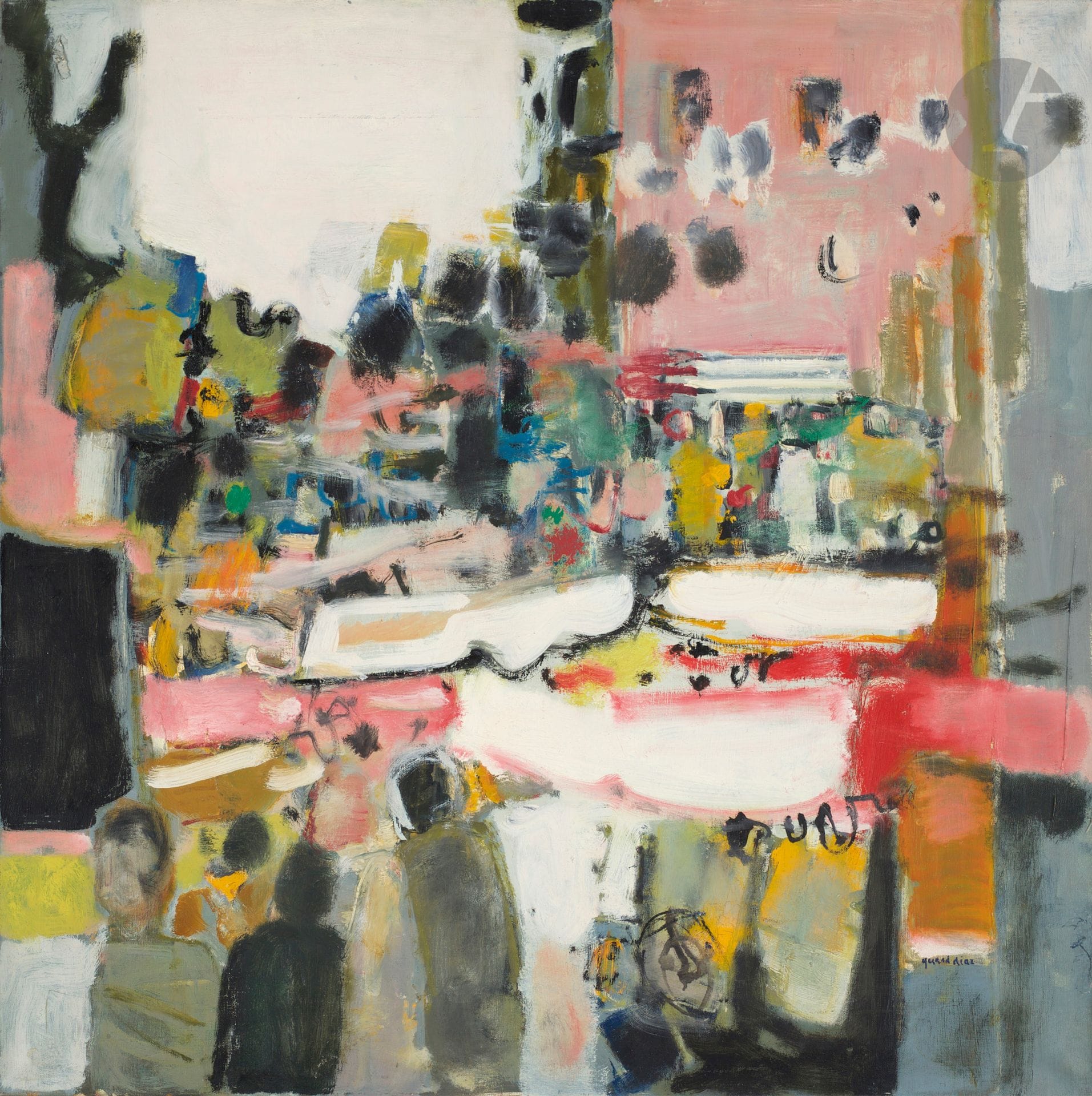 Gérard Diaz dit GERARDIAZ (1938-2021)
Marché en plein air, 1962
Huile sur toile.
Signée en bas à droite.
Signée, datée et titrée au dos sur le châssis.
80 x 80 cm

Provenance : 
Galerie Framond, Paris.