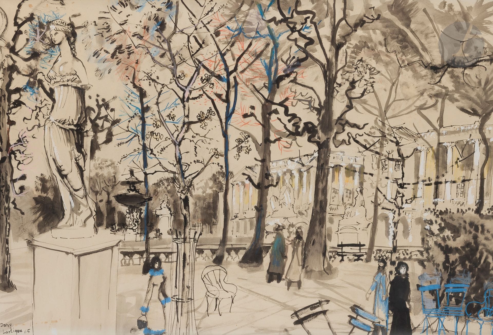 Dany LARTIGUE (1921-2017)
La Jardin des Tuileries, 1965
Encre, lavis d’encre et gouache.
Signée et  datée en bas à gauche.
46,5 x 71 cm
