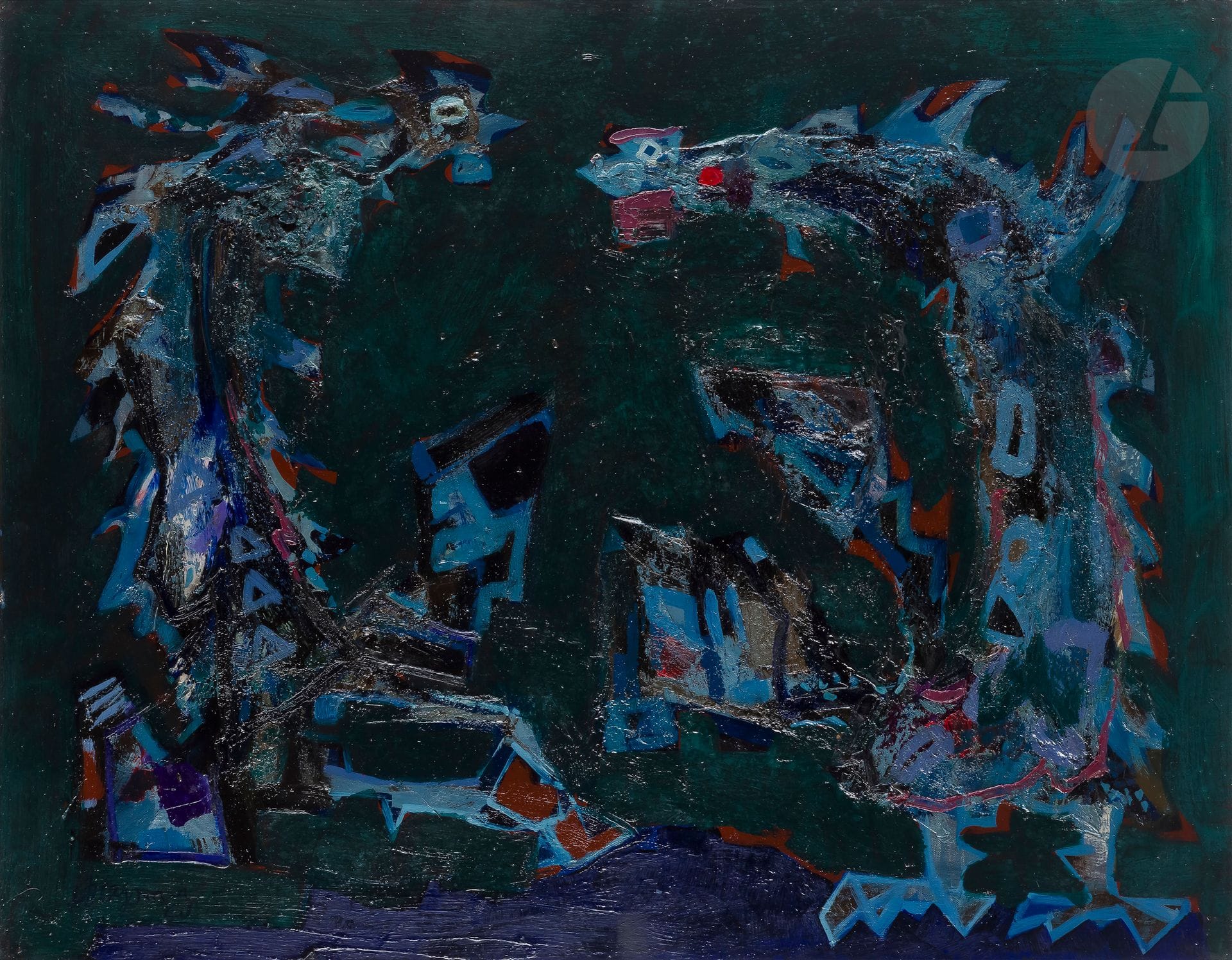Jean-Claude DRAGOMIR (1931-1965)
Combat de coqs, 1961
Huile sur toile.
Signée et datée en bas à gauche.
73 x 92 cm