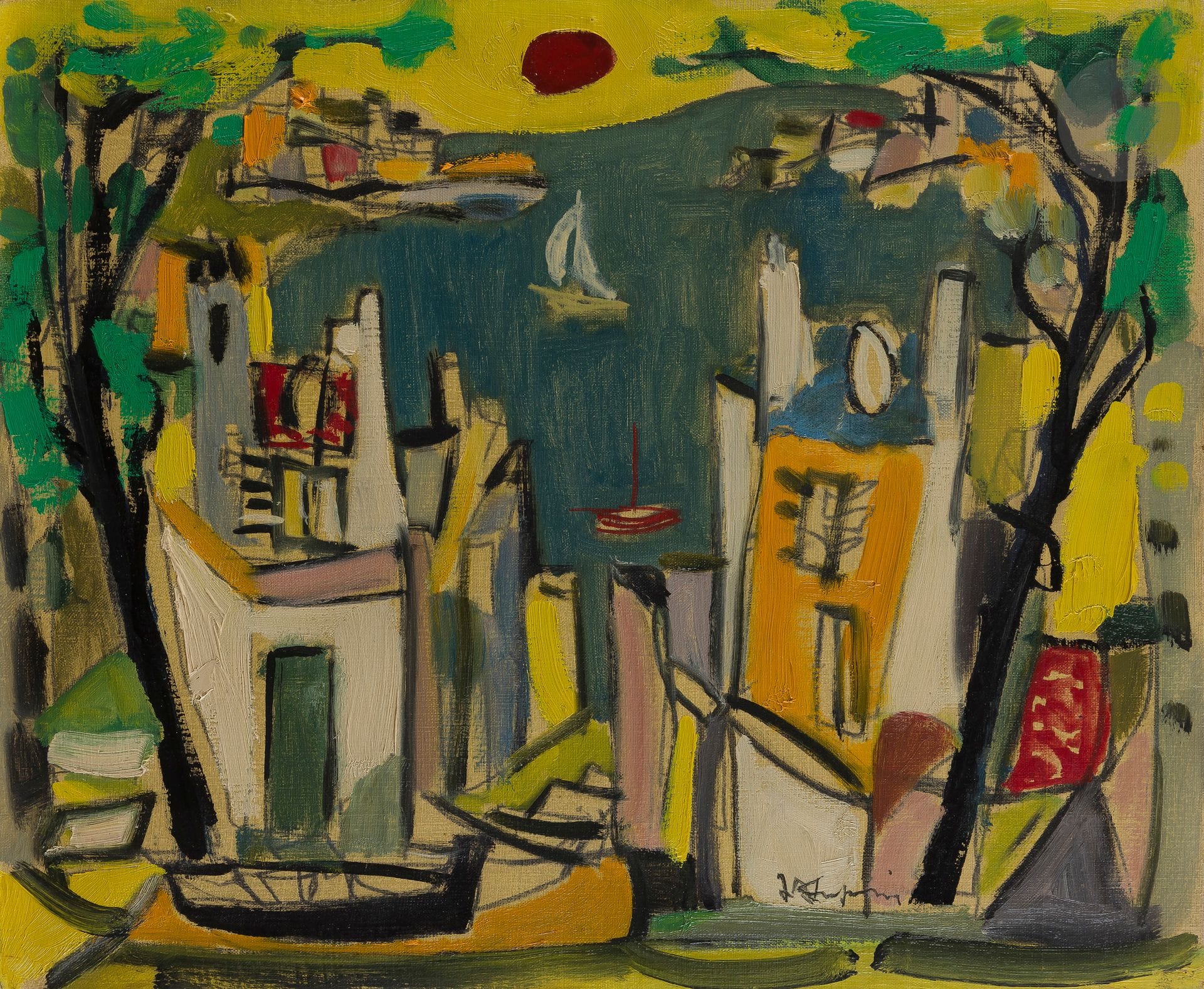 Jean-Claude DRAGOMIR (1931-1965)
Ville méditerranéenne
Huile sur toile.
Signée en bas à droite.
38 x 46 cm