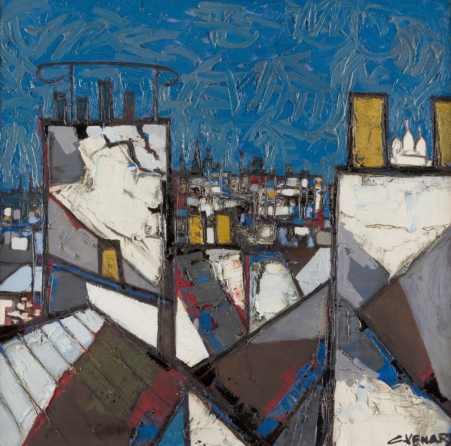 Claude VENARD (1913-1999)
Paris, les toits et le Sacré-Cœur
Huile sur toile.
Signée en bas à droite.
75 x 75 cm