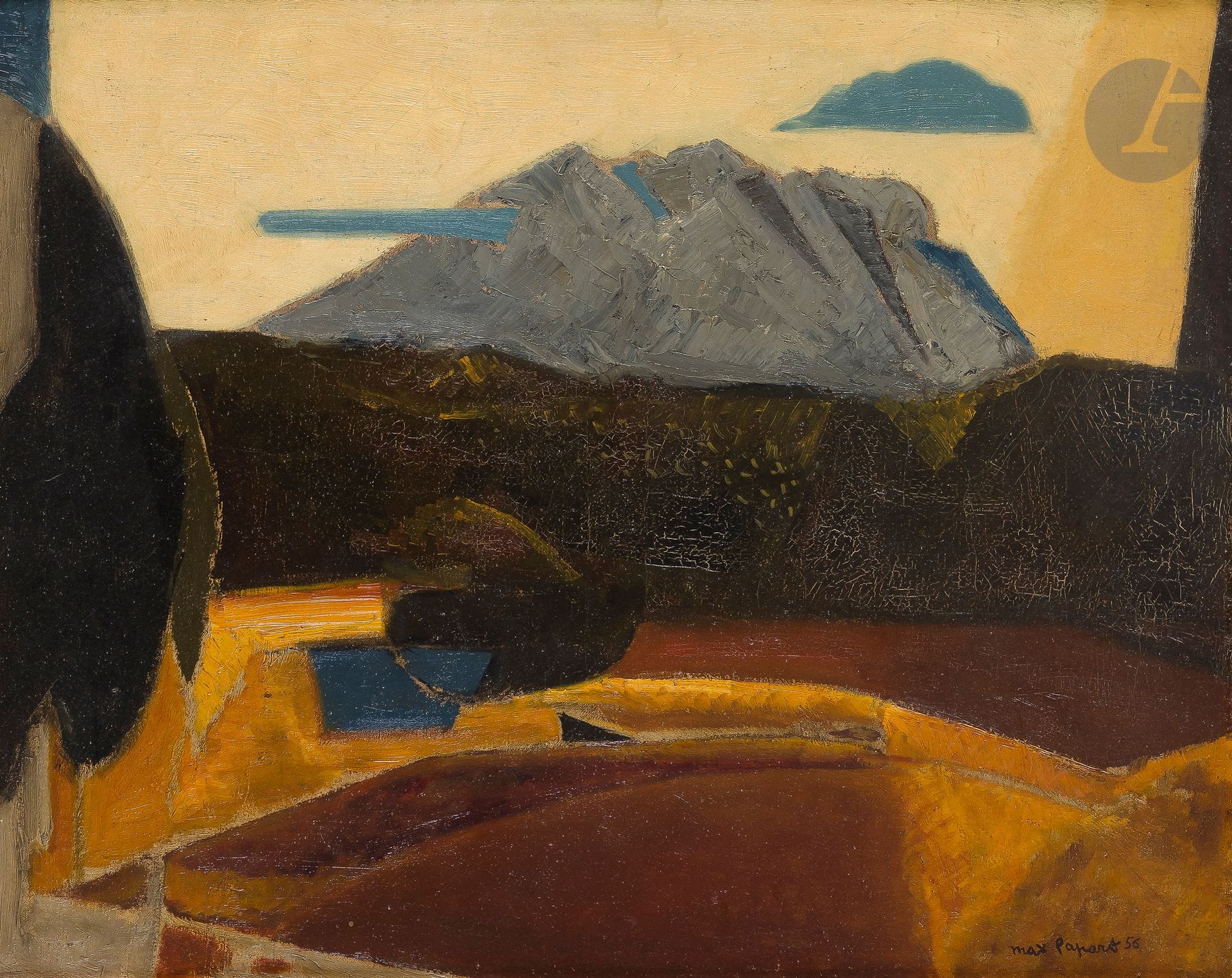 Max PAPART (1911-1994)
Sainte-Victoire, ciel jaune, 1956
Huile sur toile.
Signée en bas à droite.
Signée, datée et titrée au dos.
65 x 81 cm

Nous remercions Monsieur Frédéric Nocera d’avoir confirmé l’authenticité de cette œuvre.
