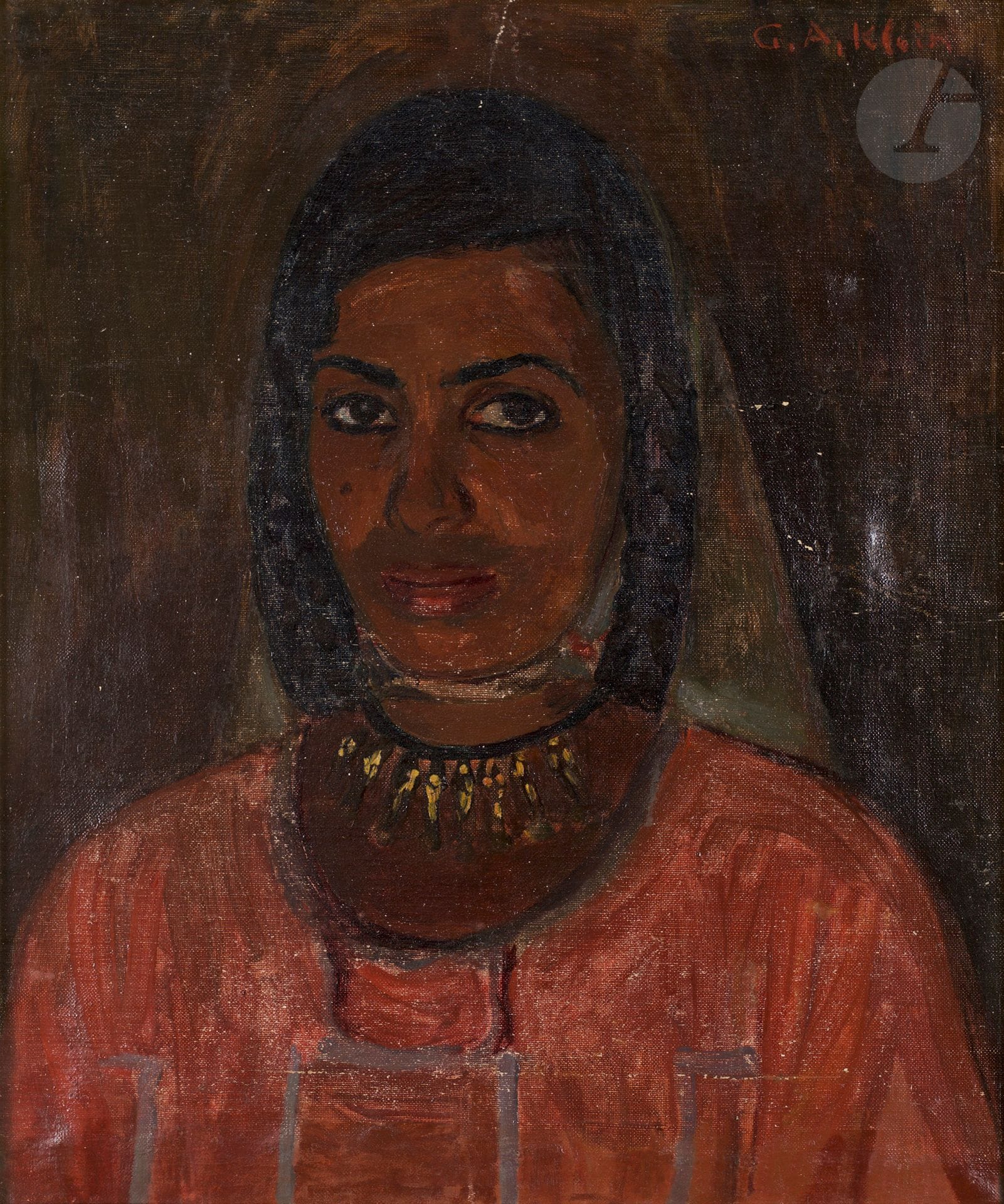Georges André KLEIN (1901-1992)
Portrait de femme malgache
Huile sur toile.
Signée en haut à droite.
(Petits manques).
55 x 46 cm

Provenance : 
- Vente Maître Blanchet, Hôtel Drouot, Paris, 11 mai 2010, n°229.
- Collection de Monsieur P.