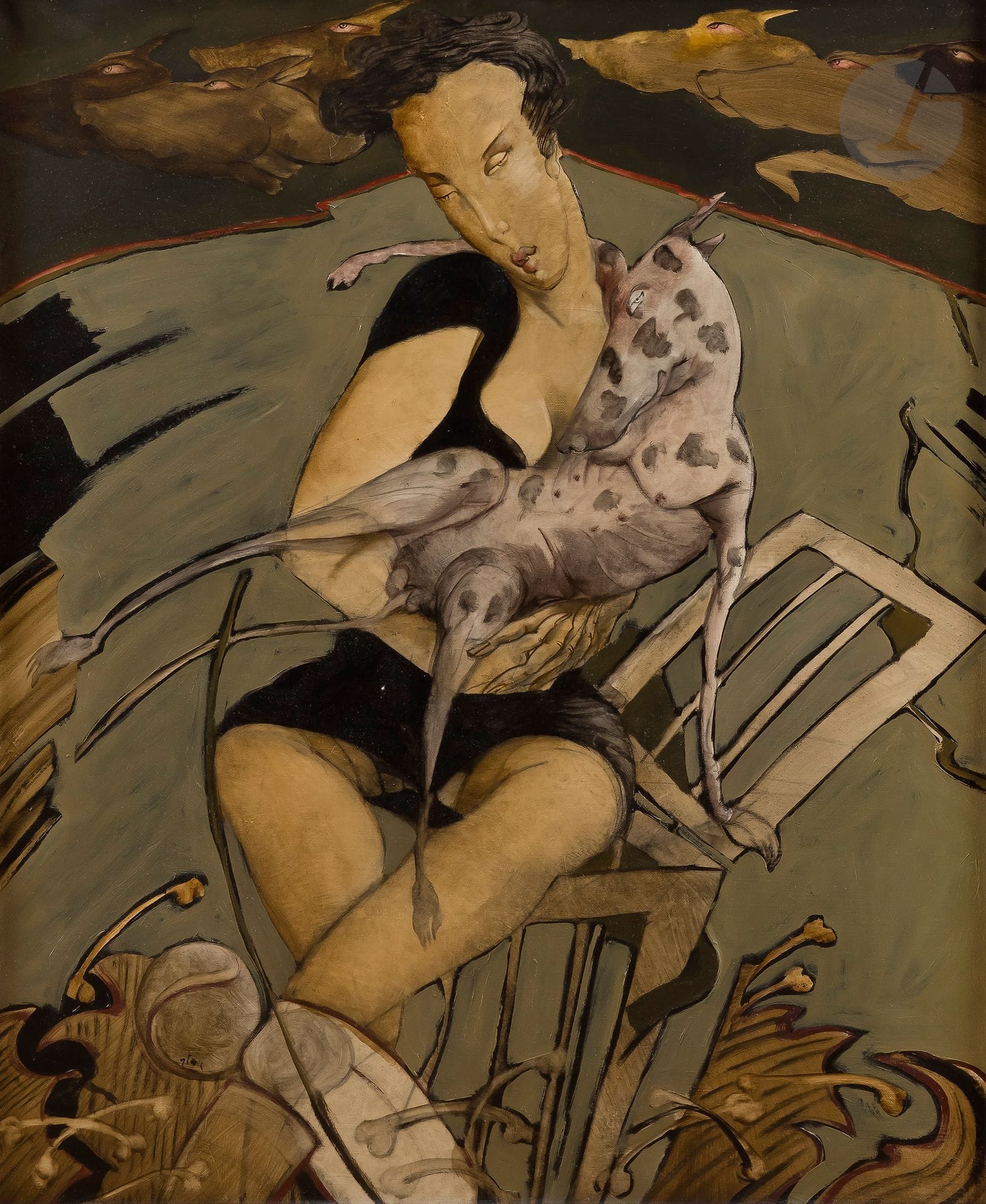 Jean-Pierre CEYTAIRE (né en 1946)
Madame S.P.A. phile, chien gris taché
Huile sur toile.
Signée dans la composition en bas à gauche.
Signée et titrée au dos.
73 x 60 cm