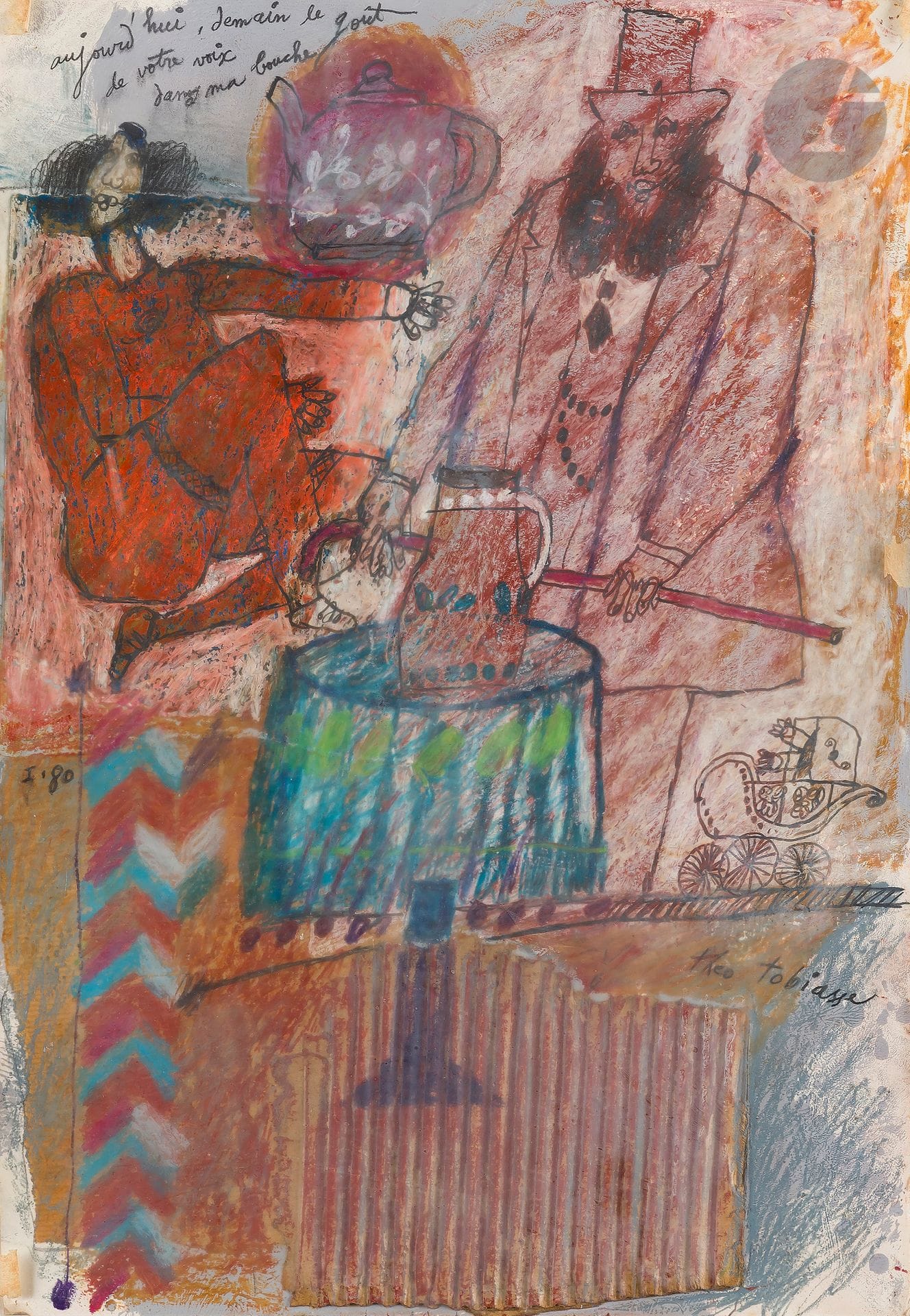 Théo TOBIASSE (1927-2012)
Aujourd’hui, demain, le goût de votre voix dans ma bouche, 1980
Technique mixte et collage sur papier.
Signée, datée et titrée dans la composition.
50,5 x 35 cm