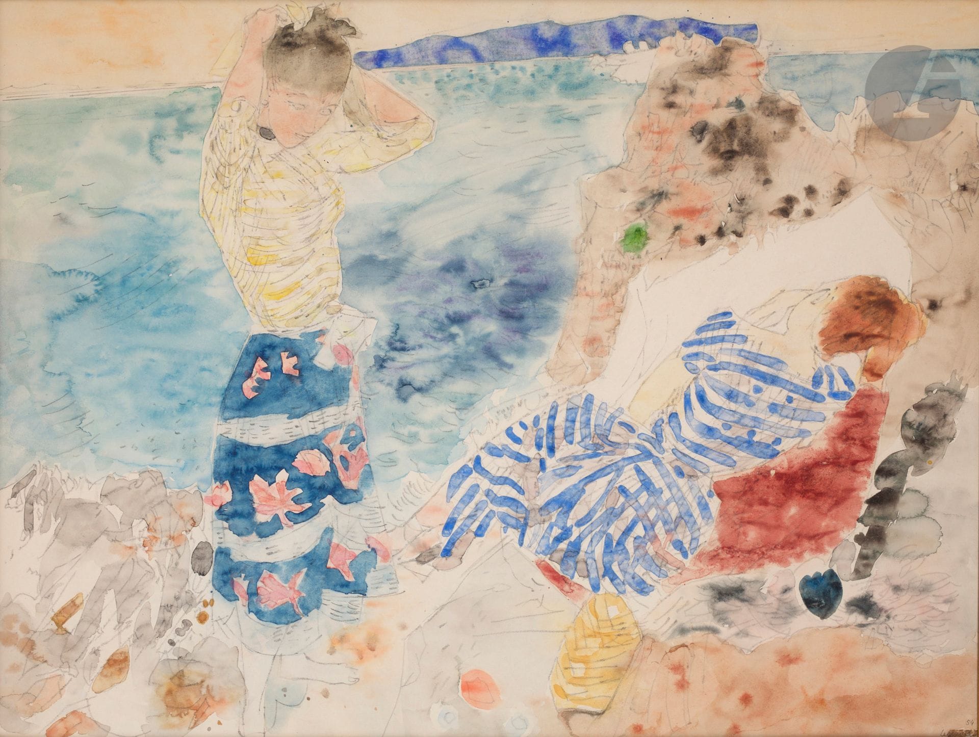 Raymond LEGUEULT (1898-1971)
Femmes en bord de mer, 1954
Aquarelle sur traits de crayon.
Signée et datée en bas à droite.
42,5 x 54 cm

Provenance : 
- Vente Christie’s, Paris, 22 octobre 2003, n°157.
- Collection de Monsieur P.

Exposition : 
Musée Faure, Aix-les-Bains, juillet-août 2012.