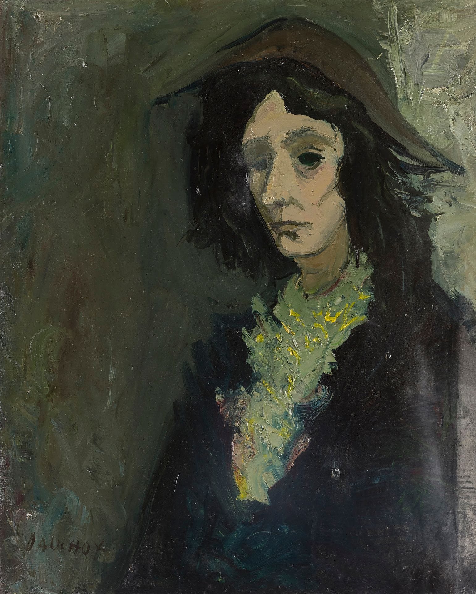 Gabriel DAUCHOT (1927-2005)
La Femme au jabot vert
Huile sur toile.
Signée en bas à gauche.
(Doublée).
81 x 65 cm

Bibliographie : 
Eric Mercier, Années 50, La Jeune peinture, Panorama de la Jeune Peinture, Tome II, Zûrich, Artacatos, 2010, reproduit p. 153.