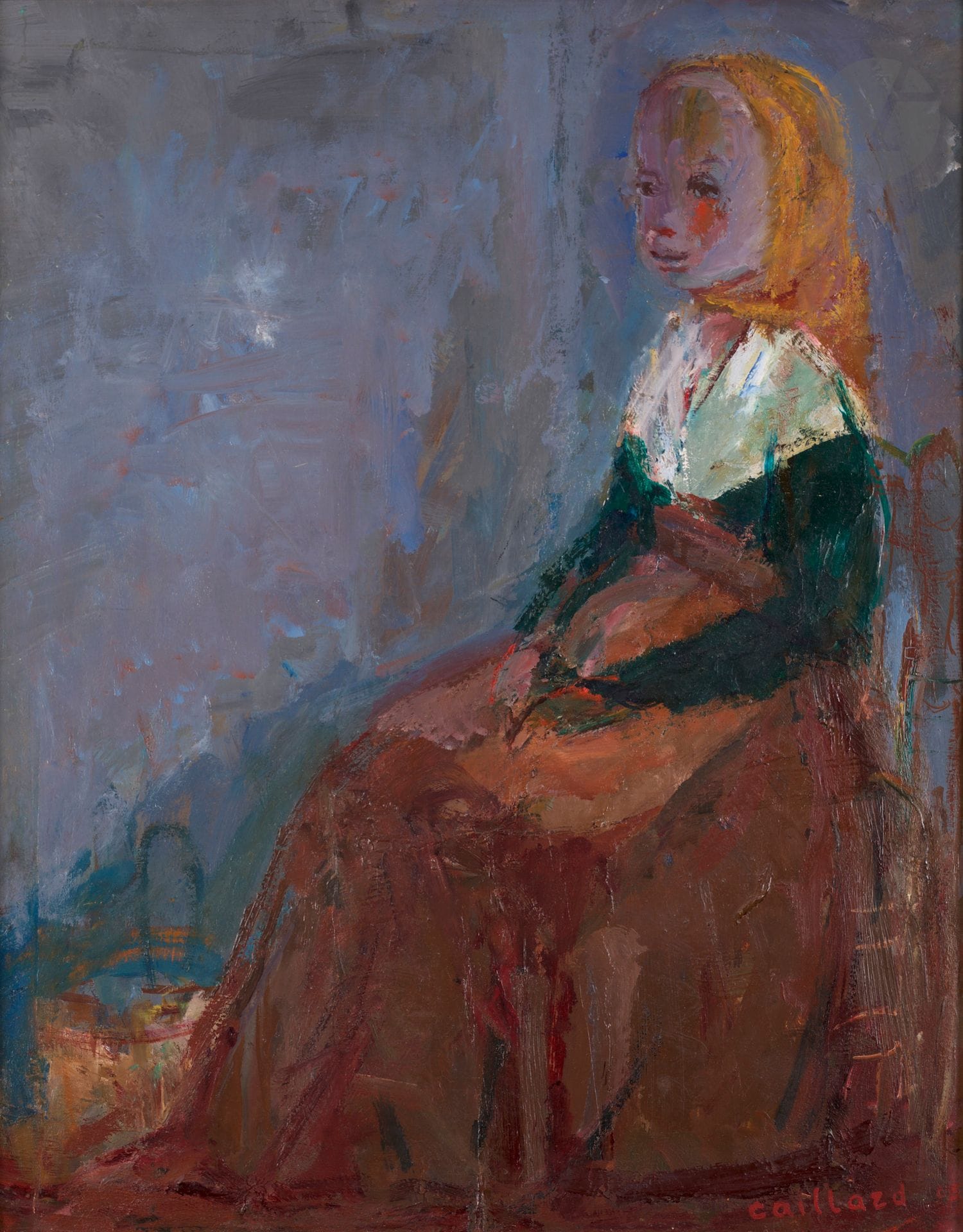 Christian CAILLARD (1899-1985)
Fillette au fichu, 1965
Huile sur isorel.
Signée et datée en bas à droite.
Numérotée « 1382 » au dos.
54 x 43 cm

Provenance : 
- Galerie des Granges, Genève, 1965, n°5 (étiquette au dos).
- Collection de Monsieur P.

Nous remercions Monsieur Laurent Caillard d’avoir confirmé l’authenticité de cette œuvre.