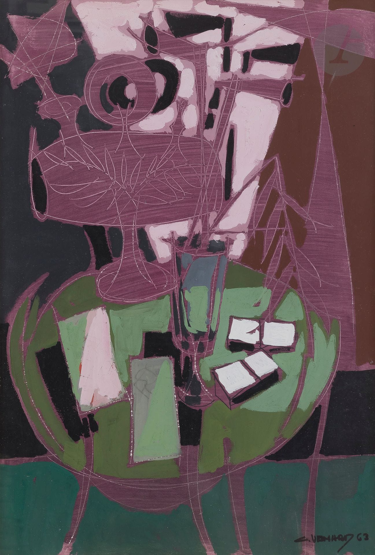 Claude VENARD (1913-1999)
Le Guéridon, 1963
Gouache et grattage sur papier.
Signée et datée en bas à droite.
68 x 46 cm