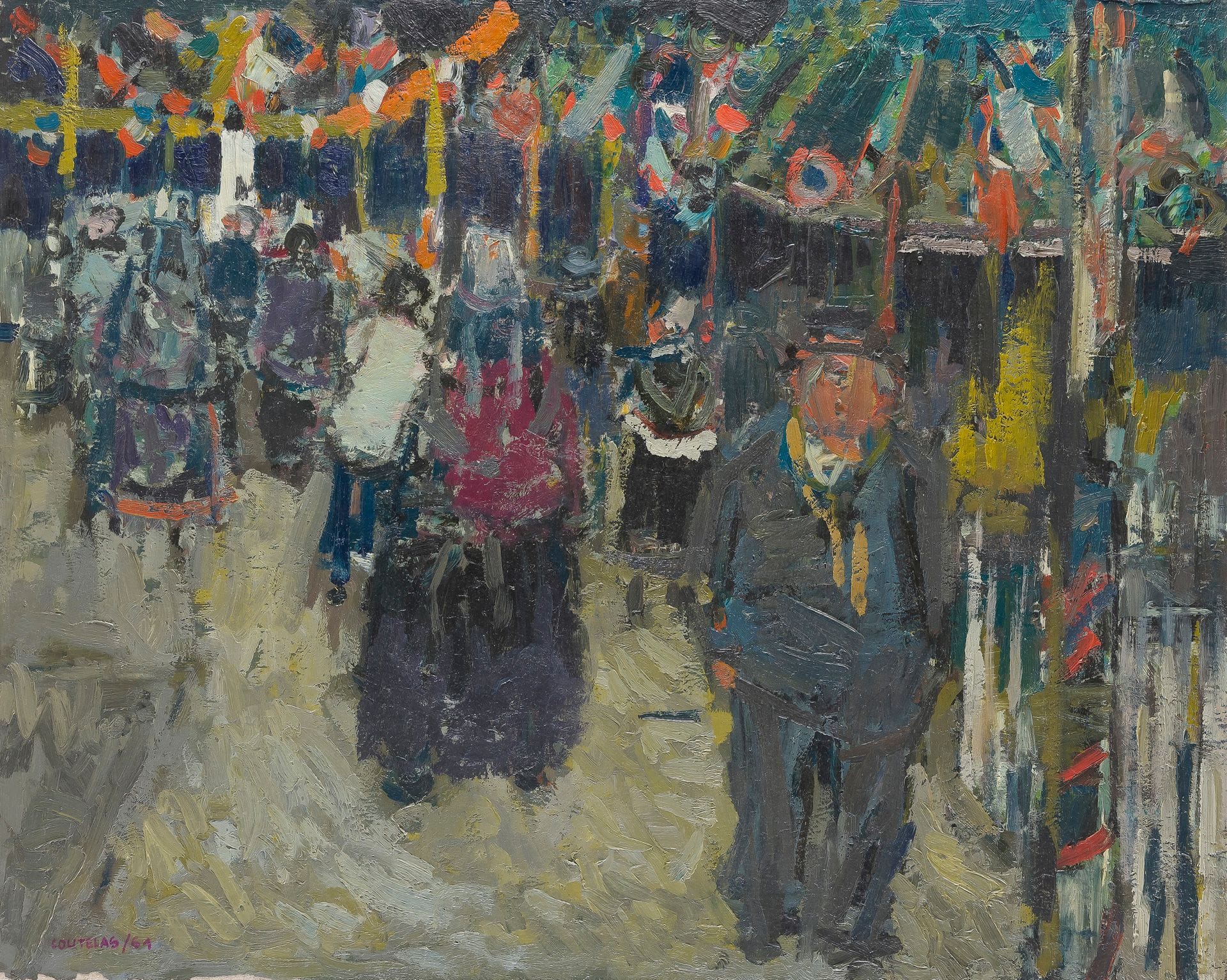 Robert COUTELAS (1930-1985)
Le 14 juillet 1961
Huile sur toile.
Signée et datée en bas à gauche.
(Manques sur les bords).
73 x 92 cm

Provenance : 
Galerie Romanet, Paris (tampon au dos).