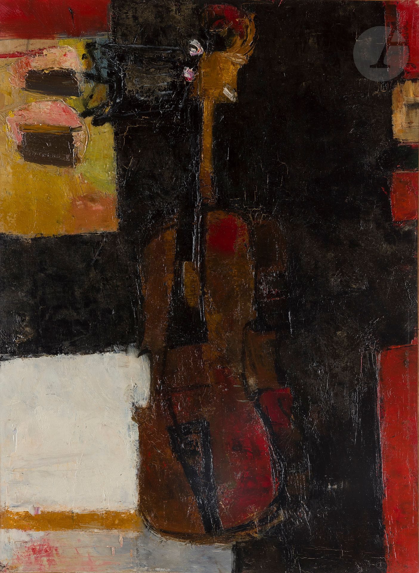 Paul GUIRAMAND (1926-2007)
Le Violon, vers 1958
Huile sur toile.
Signée en bas à droite.
(Craquelures).
54 x 73 cm

Bibliographie : 
- Eric Mercier : Guy Bardone, René Genis, Paul Guiramand, Gazette de l’Hôtel Drouot, n°46, 20 décembre 2002, reproduit p. 80.
- Eric Mercier, Années 50, La Jeune peinture, L’alternative figurative, Tome I, Zûrich, Artacatos, 2010, reproduit p. 375.