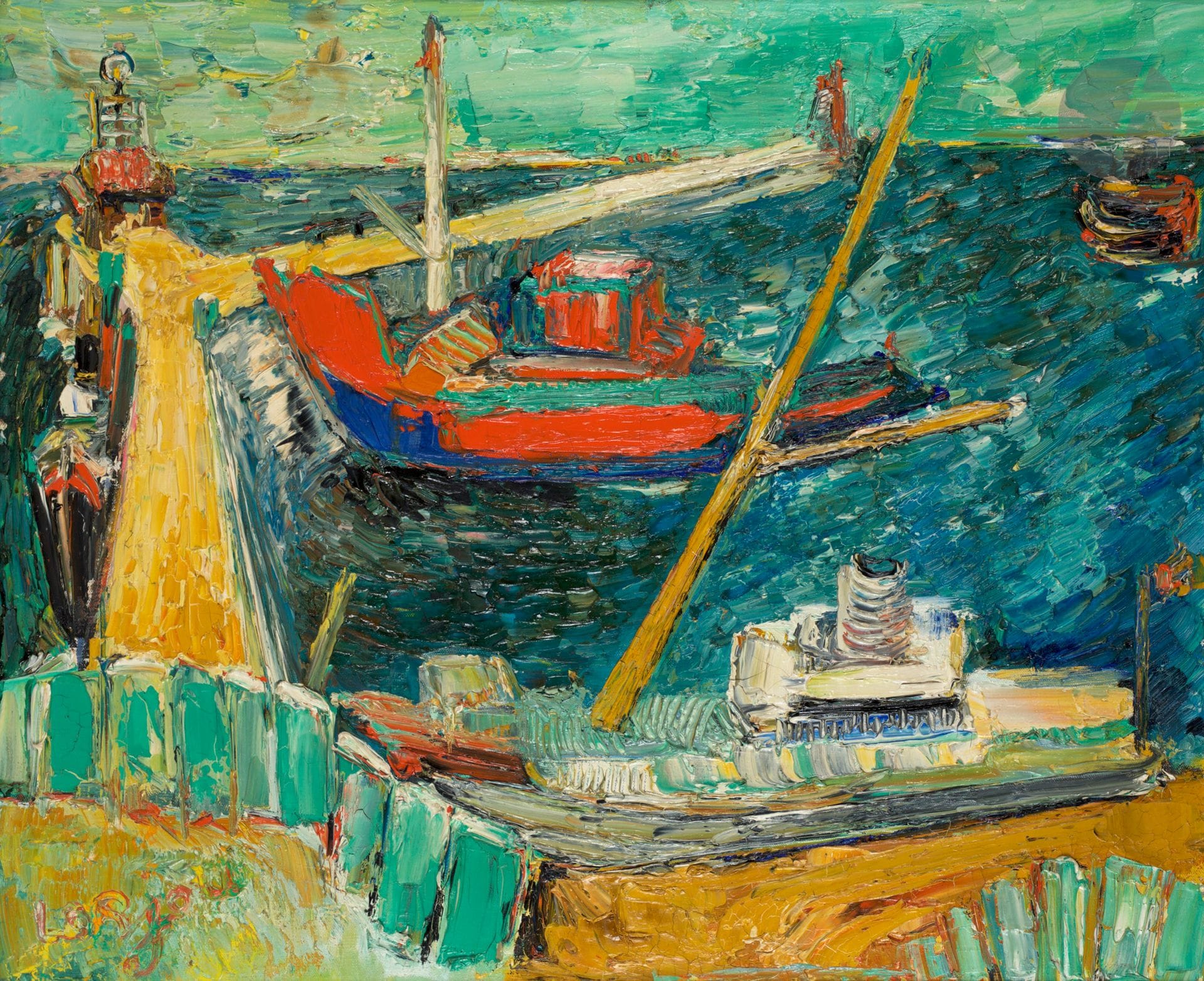 Bernard LORJOU (1908-1986)
Chalutiers au port
Huile sur toile.
Signée en bas à gauche.
60 x 73 cm

Provenance : 
Collection du Dr Philippe b. Ancel.