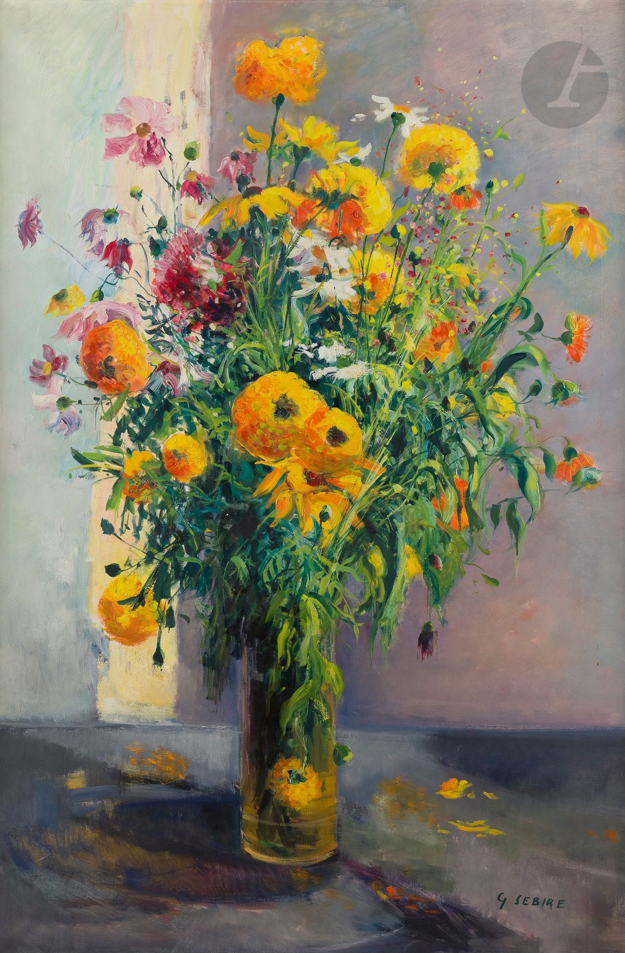 Gaston SÉBIRE (1920-2001)
Le Bouquet jaune
Huile sur toile.
Signée en bas à droite.
Signée et titrée au dos.
146 x 97 cm